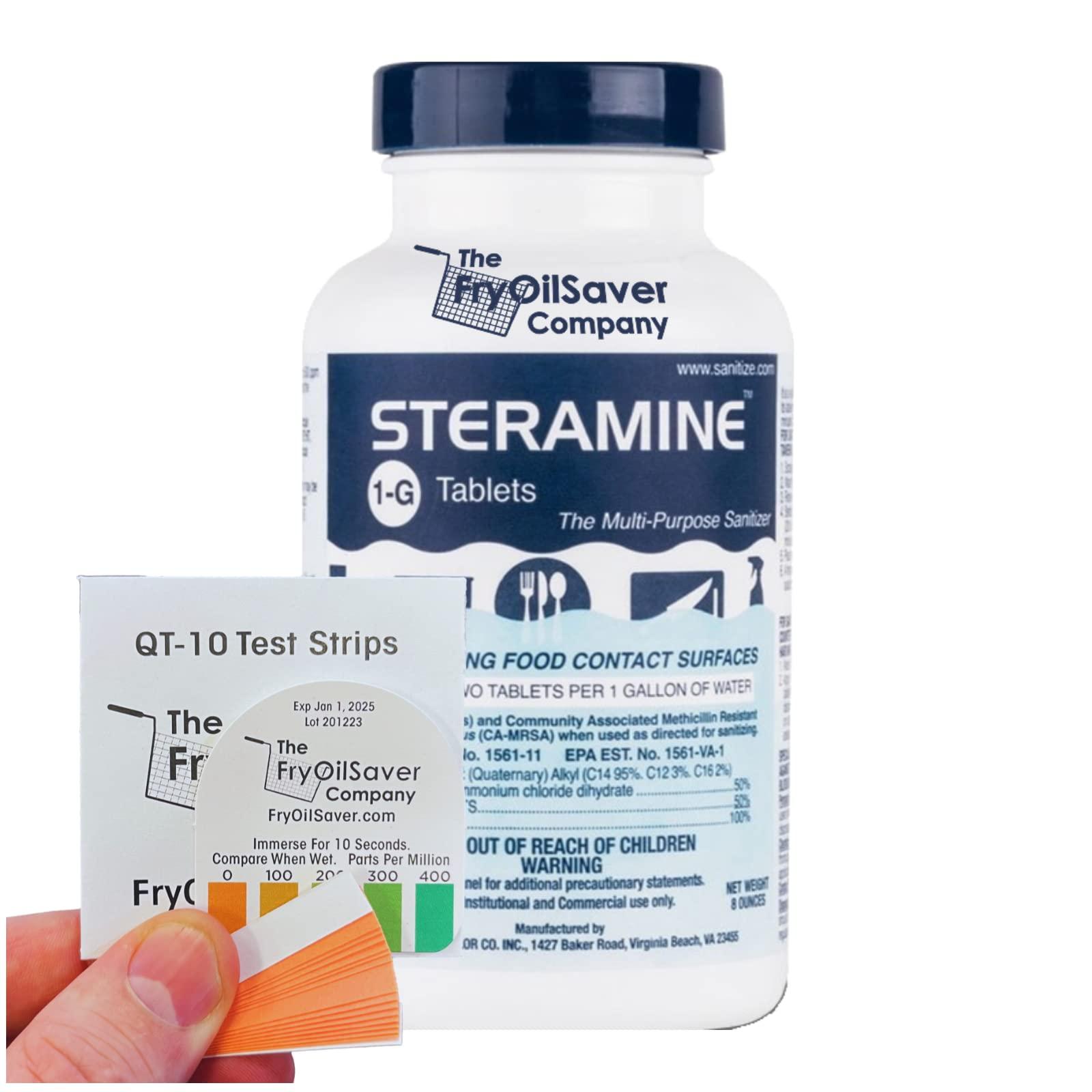 Steramine Sanitizer Tablet w/ 15x QT-10 Test Strisp, Multi Purpose Sanitizing Tablet for Food Contact Surface, Kitchen, Restaurant, Steramine Sanitizer Tab for Food Service by FryOilSaver (150 Tab)