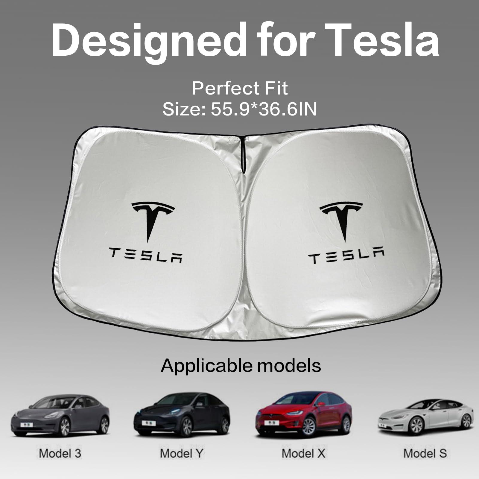 300T Sunshade for Tesla Model Y Model 3, Car Accessories 2025 for Tesla, Front Window Sunshade with Organizer Bag, Gifts for Tesla Owners (Black) - Image 3