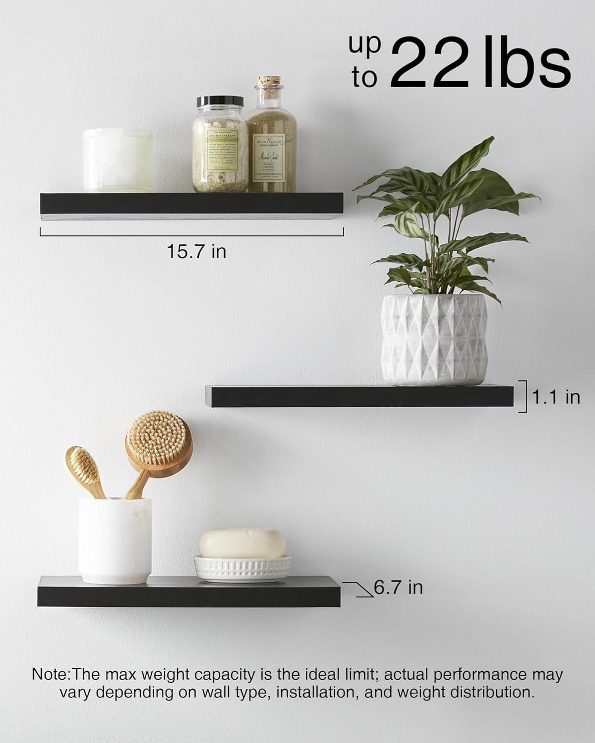 BAYKA Floating Shelves for Wall, Wall Mounted Rustic Wood Shelves for Bathroom, Bedroom, Living Room, Kitchen, Hanging Shelf for Books/Storage/Room Decor with 22lbs Capacity (Black, Set of 3, 15.7in) - Image 6
