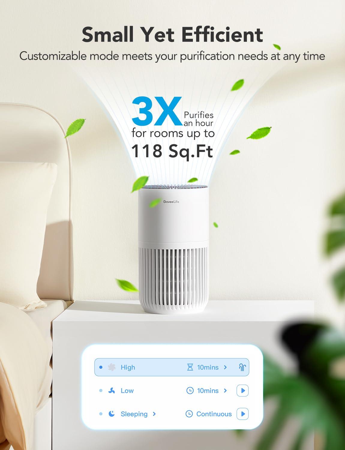 GoveeLife Mini Air Purifier for Bedroom, HEPA Smart Filter Air Purifier with App Alexa Control for Pet Hair, Odors, Pollen, Smoke, Portable Air Cleaner with 3 Speeds, 2 Modes, Timer, Aroma for Home - Image 4
