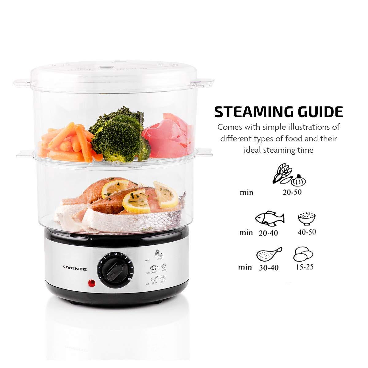OVENTE 2 Tier Electric Food Steamer for Cooking Vegetables, Stainless Steel Base, Stackable and Dishwasher Safe Baskets, 400W with Auto Shutoff and 60-Minute Timer, 5 Quart Capacity, Silver FS62S - Image 6