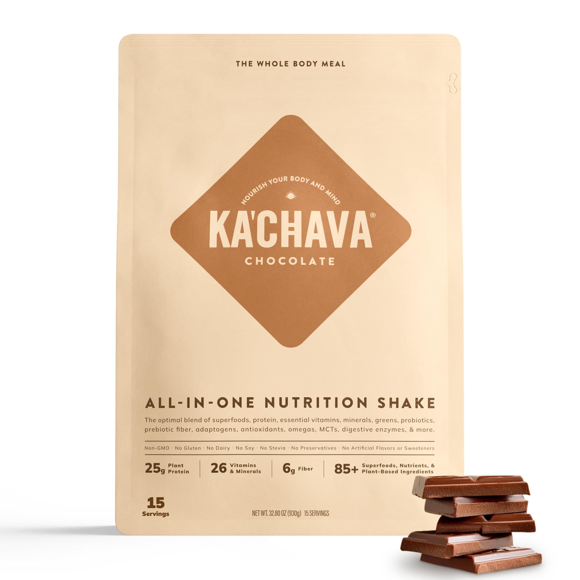 Ka’Chava All-In-One Nutrition Shake Blend, Chocolate, 15 Servings, 85+ Superfoods & Nutrients, Meal Replacement, Greens Plant-Based Superfood Powder Protein Drink, Digestive Enzymes & Probiotics, Vegan Dairy Gluten Free