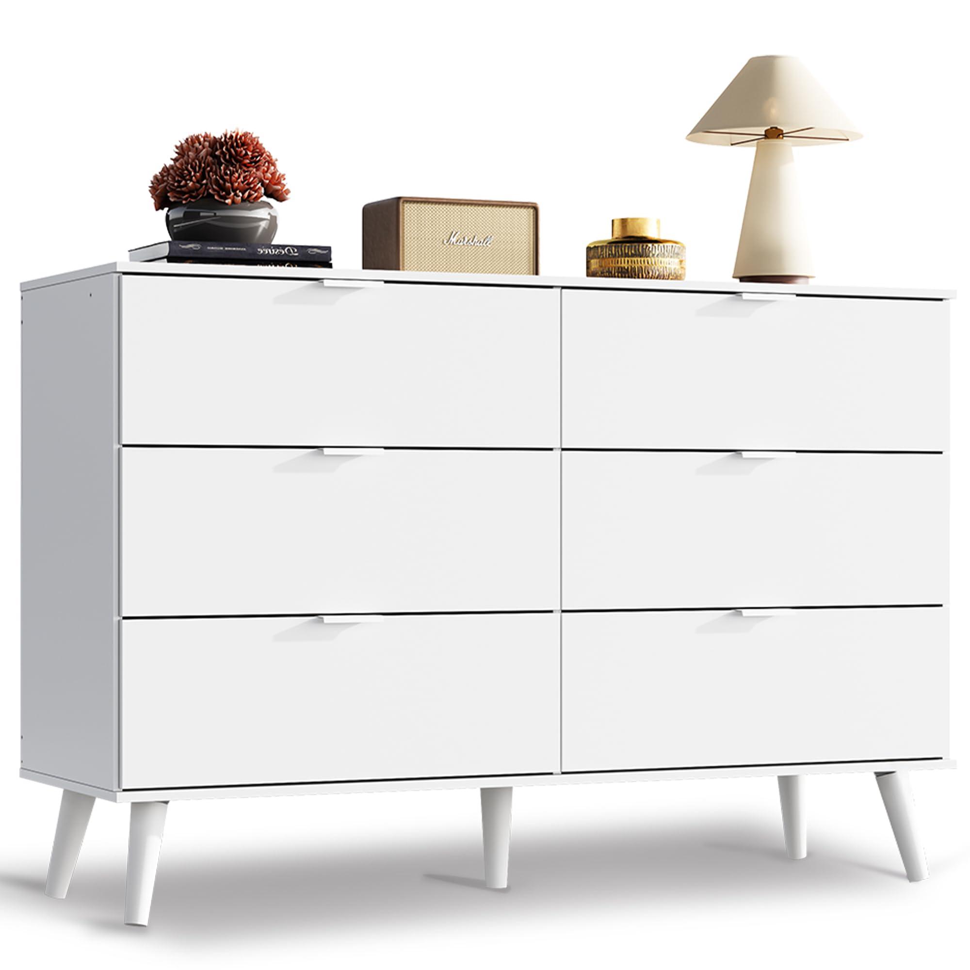 WLIVE 6 Drawer Dresser for Bedroom, 47.24'' Wide Wood White Dresser, Storage Organizer with Sturdy Metal Handle, TV Stand for 55 inch TV, Chest of Drawers for Living Room, Hallway, Closet