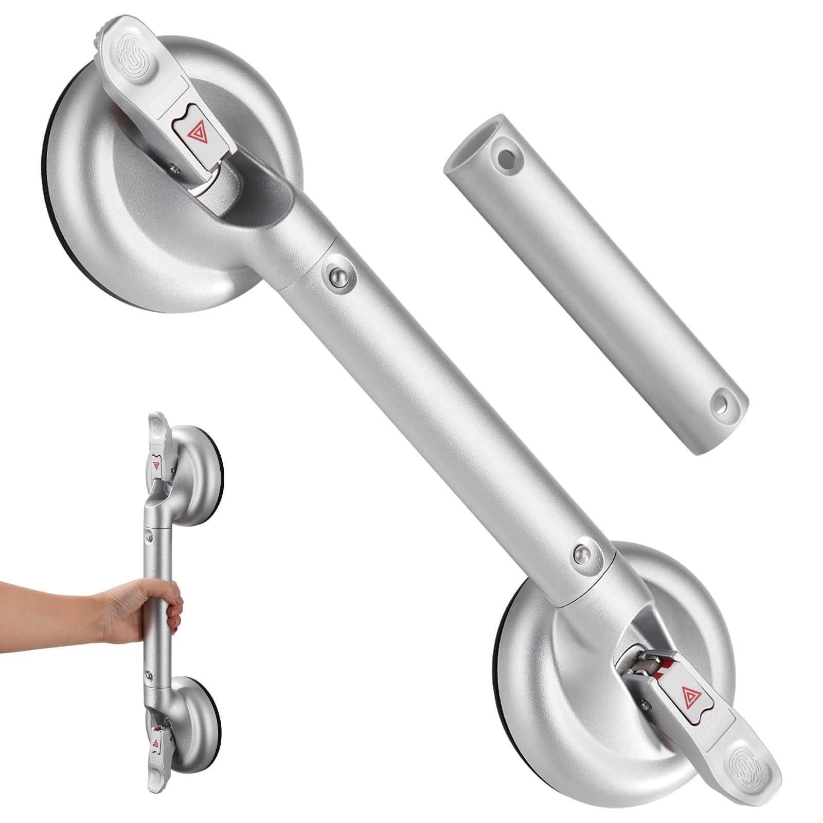 KSITEX Upgrade Shower Handle, Grab Bar for Bathtubs and Showers for Elderly Wall Mount, Heavy Duty Strong Suction Cup with Patches Support 200LB 16inch Silver