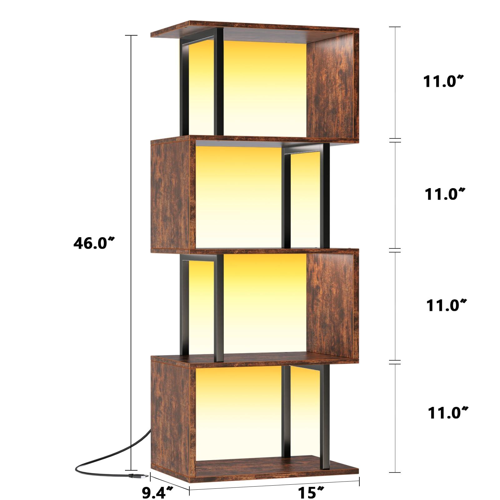 Furologee 5 Tier Geometric Bookshelf with LED Light, Small S-Shaped Bookcase, Industrial Display Standing Shelf, Metal Wooden Decorative Storage Shelves for Bedroom, Living Room, Office, Rustic Brown - Image 3