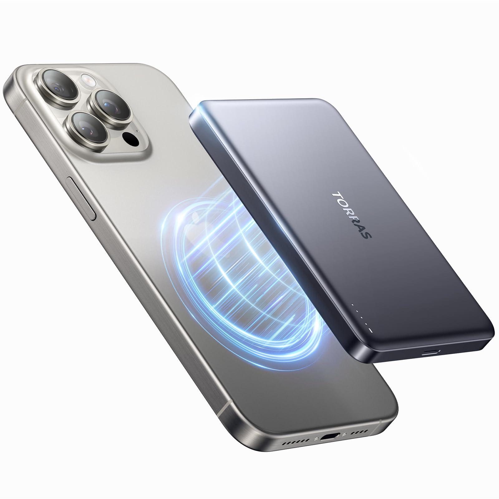 TORRAS MiniMag Power Bank,Ultra-Slim 10,000mAh Magnetic Wireless Portable Charger, 22.5W Fast Charging Battery Pack with USB-C Cable Designed for iPhone 16 Pro Max/16 Pro/16/15/14/13/12, Glacier Gray