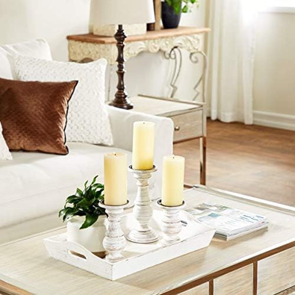 Deco 79 Mango Wood Decorative Candle Holder Turned Style Pillar Candle Stand, Set of 3 Candlestick Holder 10", 8", 6”H, White