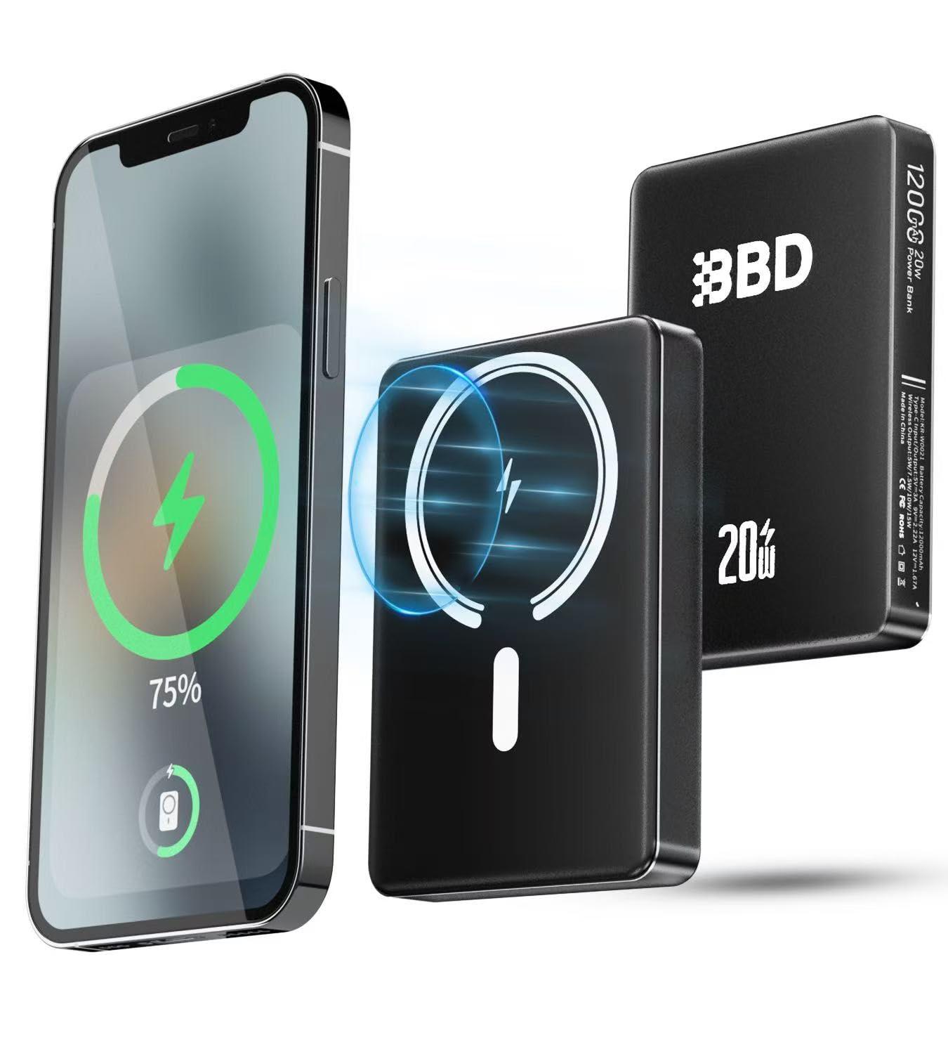 BBD Magnetic Power Bank for iPhone,12000mAh Magsafe Battery Pack with 20w Fast Charging,Slim Magsafe Power Bank USB C in&Out,Wireless Portable Charger for iPhone 16/15/14/13/12 Series 1 Pack - Image 1
