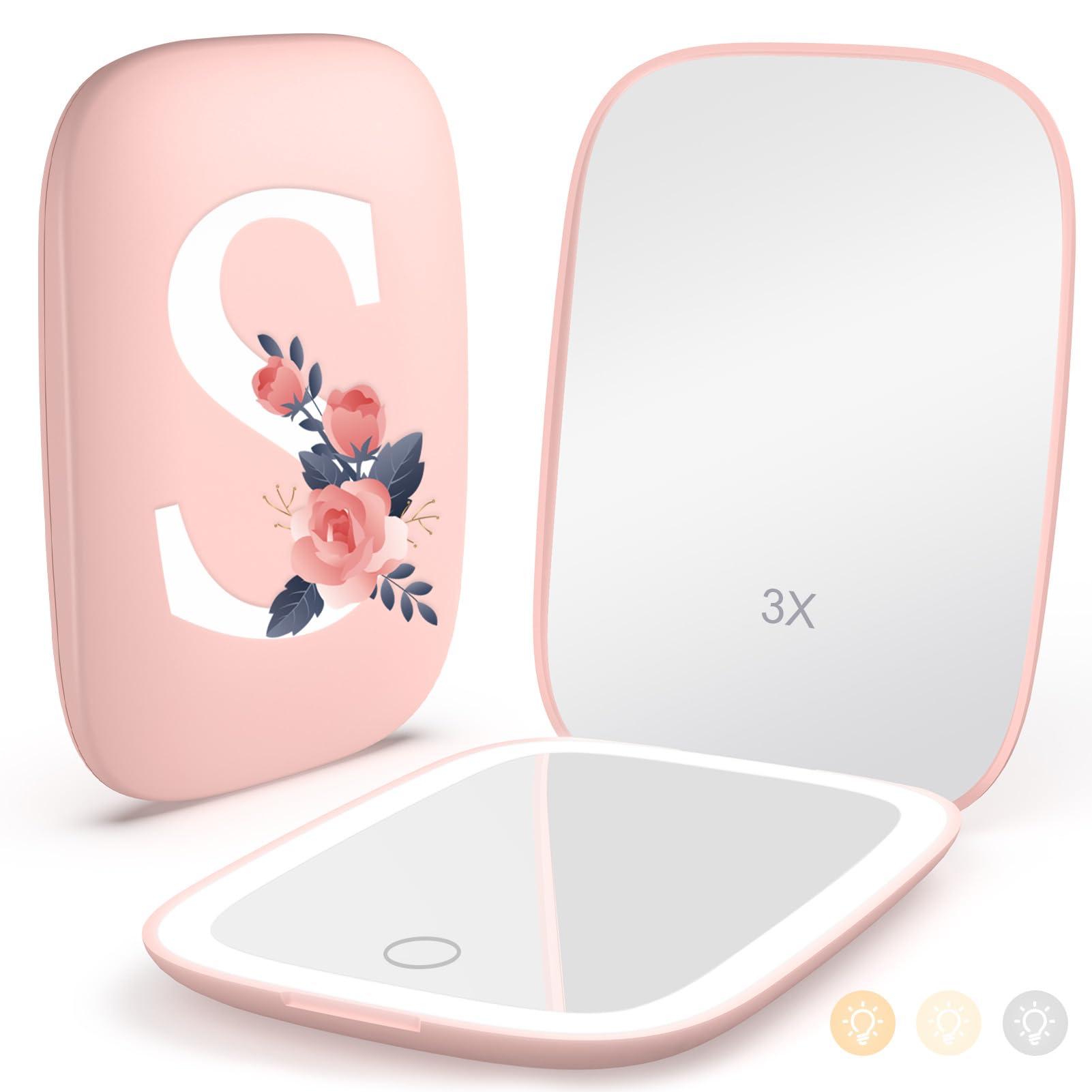 Personalized Gifts for Women Girls, Rechargeable Travel Mirror with 3 Color Lights and Auto-Off Feature, 1X/3X Mini Led Compact Makeup Mirror for Purse, Stocking Stuffers for Girls Women-Letter S
