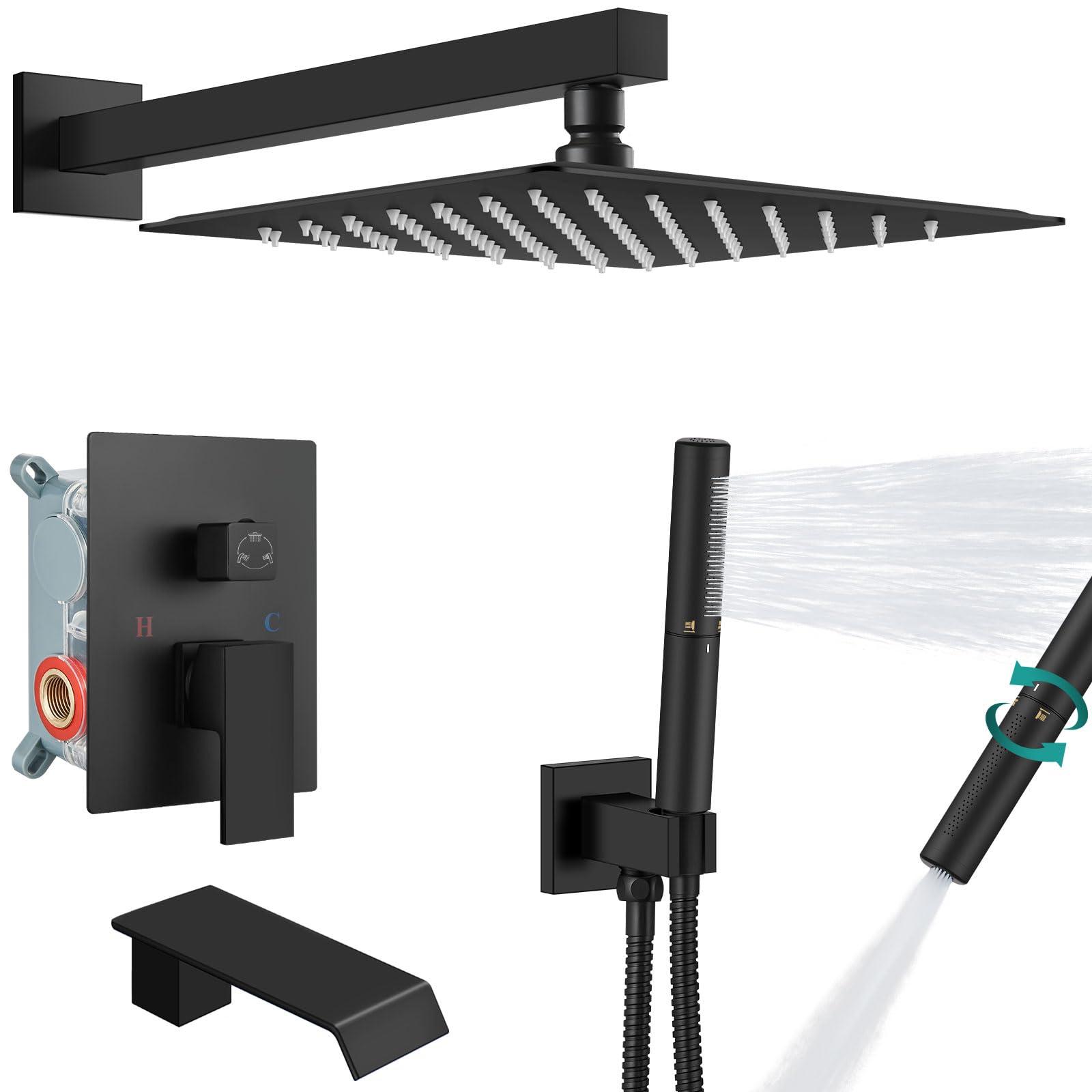 Aolemi 10 Inch Rainfall Shower Tub Faucet Set Wall Mount Tub and Shower Faucet Combo Shower System with 2 in 1 Handheld Sprayer Rough-in Valve Matte Black - Image 1