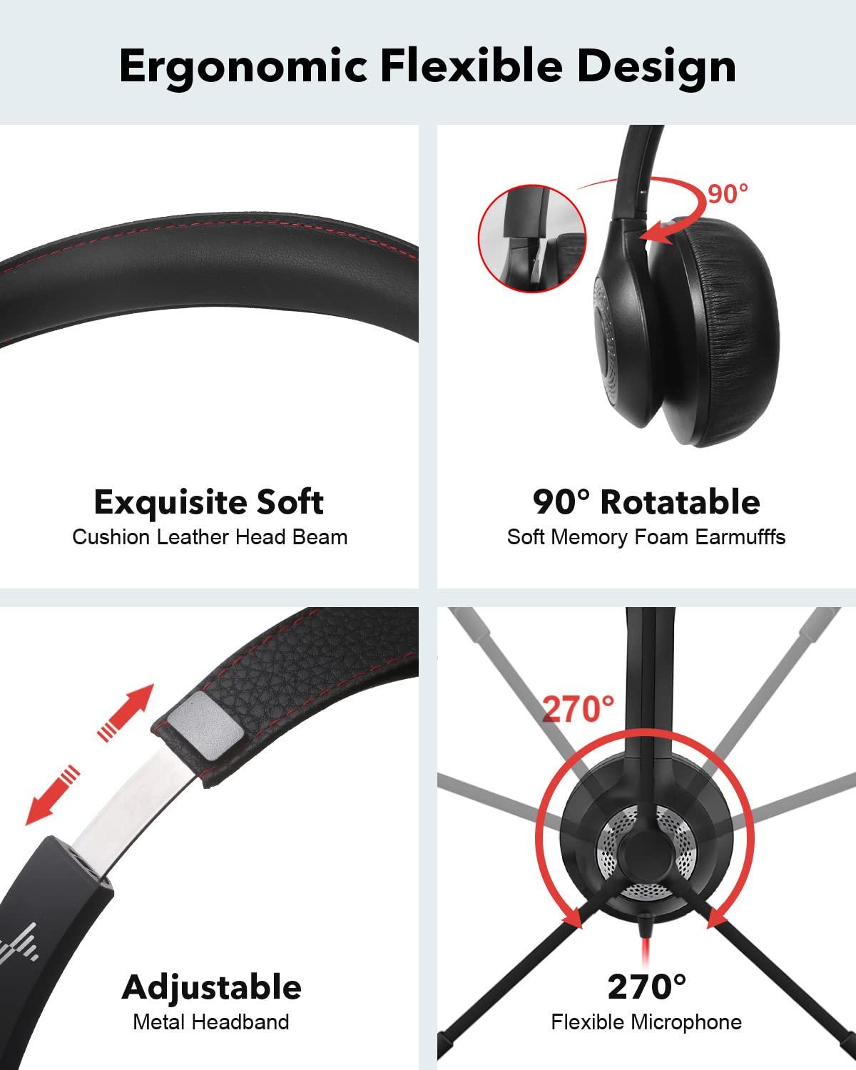 JIAMQISHI USB Headset with Mic for PC, On-Ear Computer Laptop Headphones with Noise Cancelling Microphone in-line Control for Home Office Online Class Skype Zoom (USB+3.5mm, Black) - Image 2