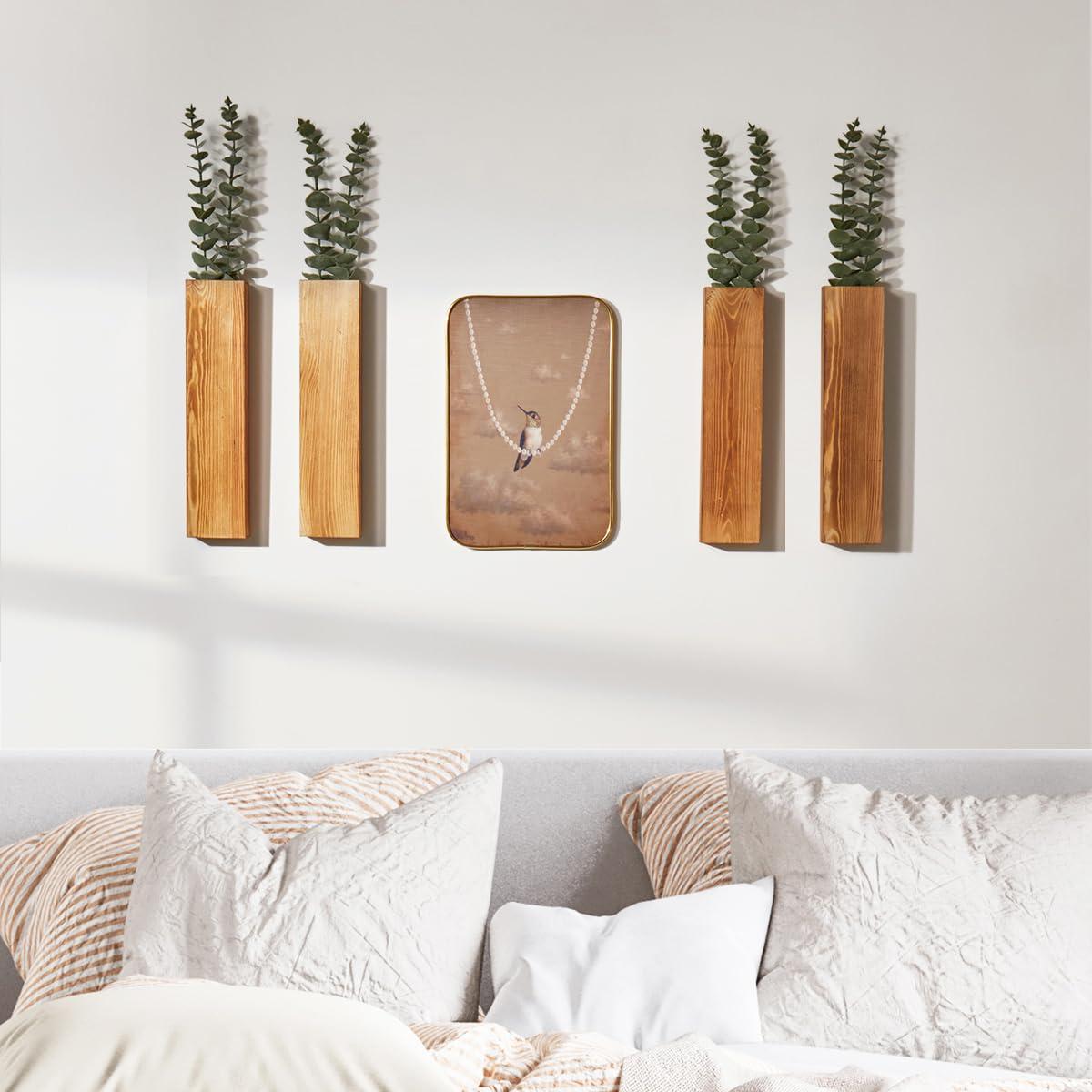 Mokof 4-Pack Wood Wall Planters with 8 Removable Faux Eucalyptus Stems - Modern Farmhouse Wall Decor for Living Room, Bedroom, Bathroom - Wooden Wall Vases and Fake Eucalyptus for Home Office Decor - Image 3