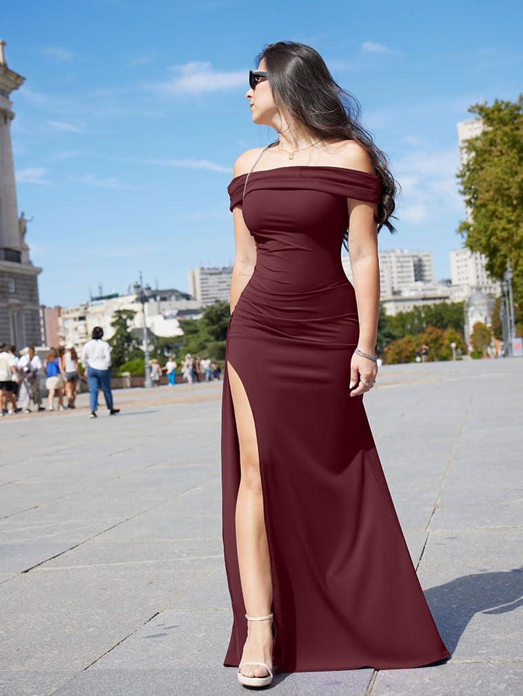 LAGSHIAN Women's Elegant Bodycon Off Shoulder Sleeveless High Split Ruched Long Formal Evening Dress - Image 5