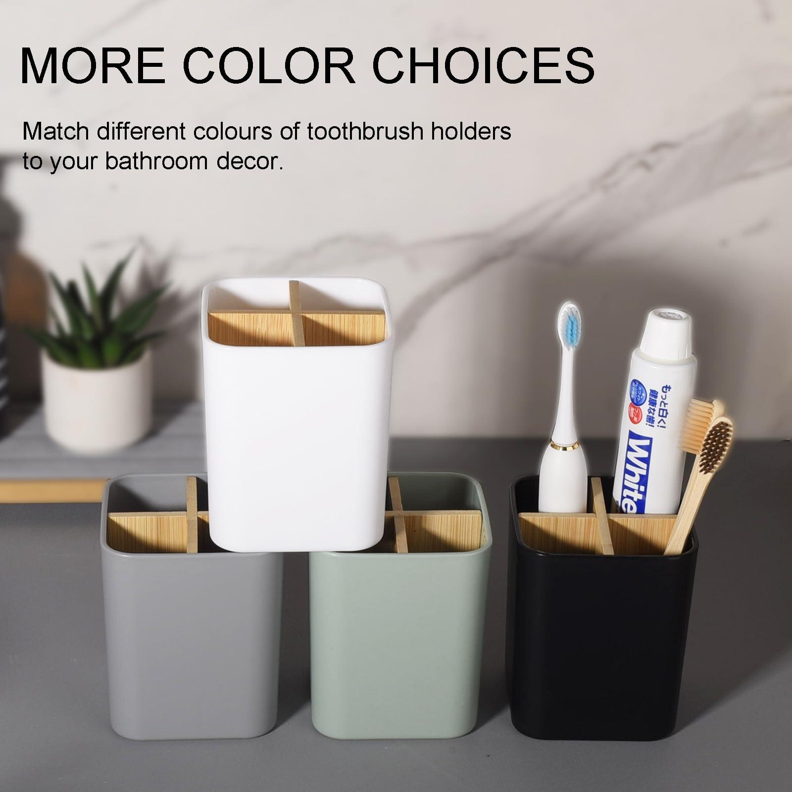 Bamboo Toothbrush Holder for Bathrooms, 4 Slots Toothbrush and Toothpaste Holder Bathroom Counter Organizer for Electric Toothbrushes, Floss, Razors - White - Image 5