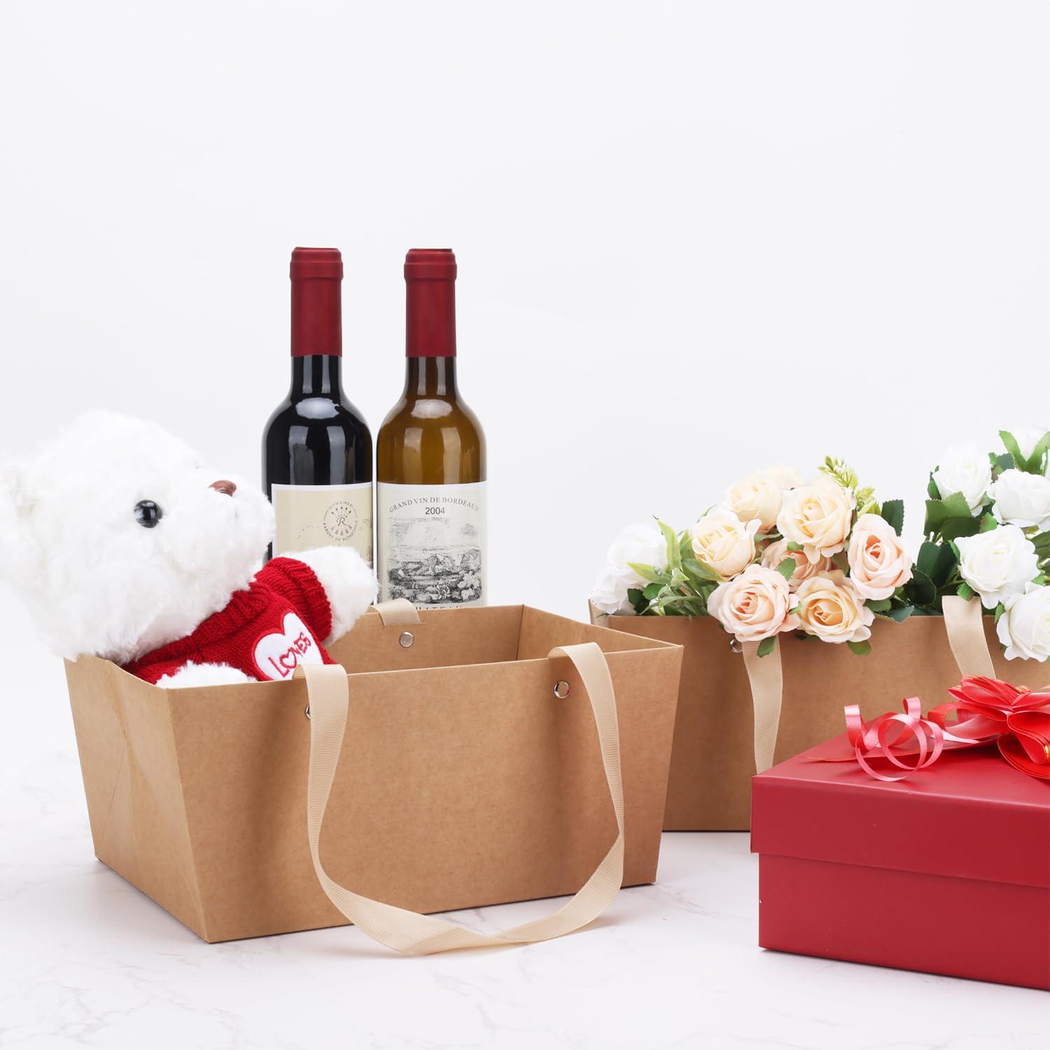5 Pcs Brown Basket for Gifts Empty DIY Bulk Party Gift Basket Kit with Handles with 5 Bag 5 Bow Market Tray for Gift Packages Wrapping Anniversary Birthday Wedding Party Gift(9.8 x 6.7 x 4.3 In) - Image 4