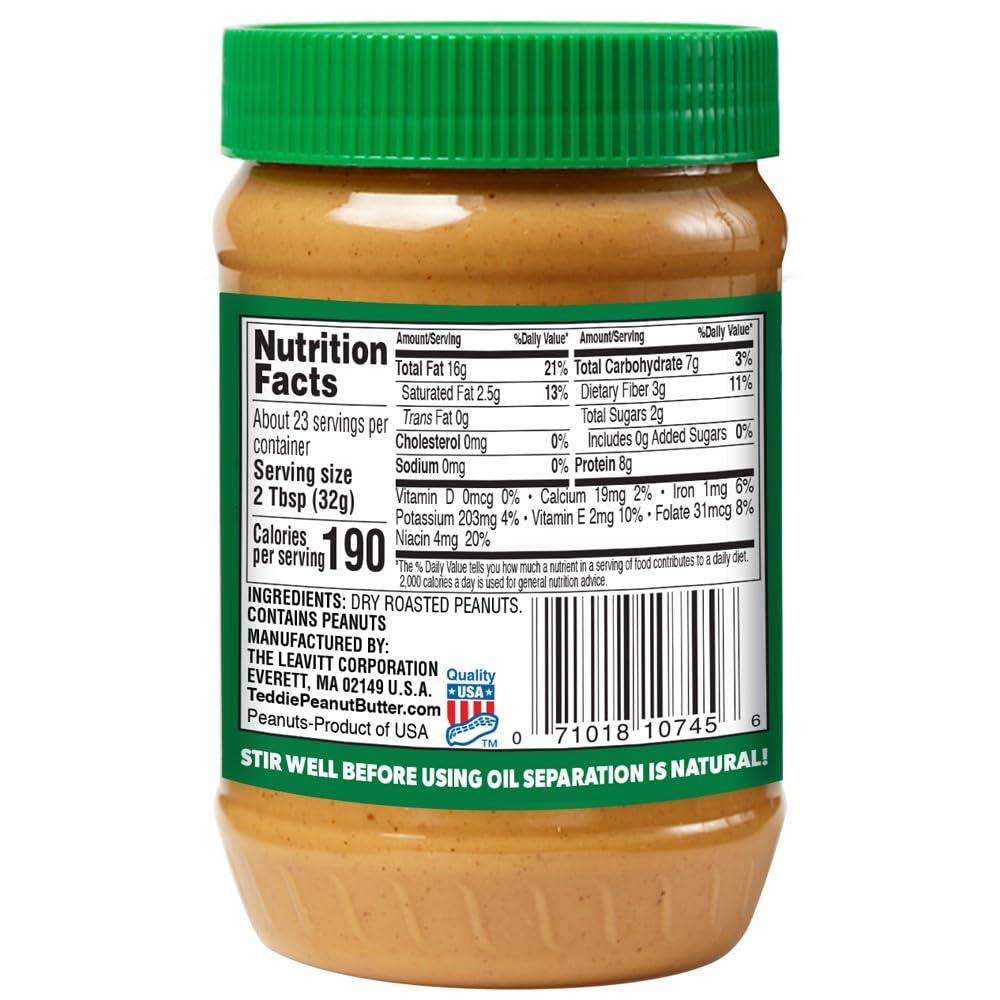 Teddie All Natural Smooth Unsalted Peanut Butter, Gluten Free & Vegan, Plastic Jar (26 Ounce (Pack of 1)) - Image 2