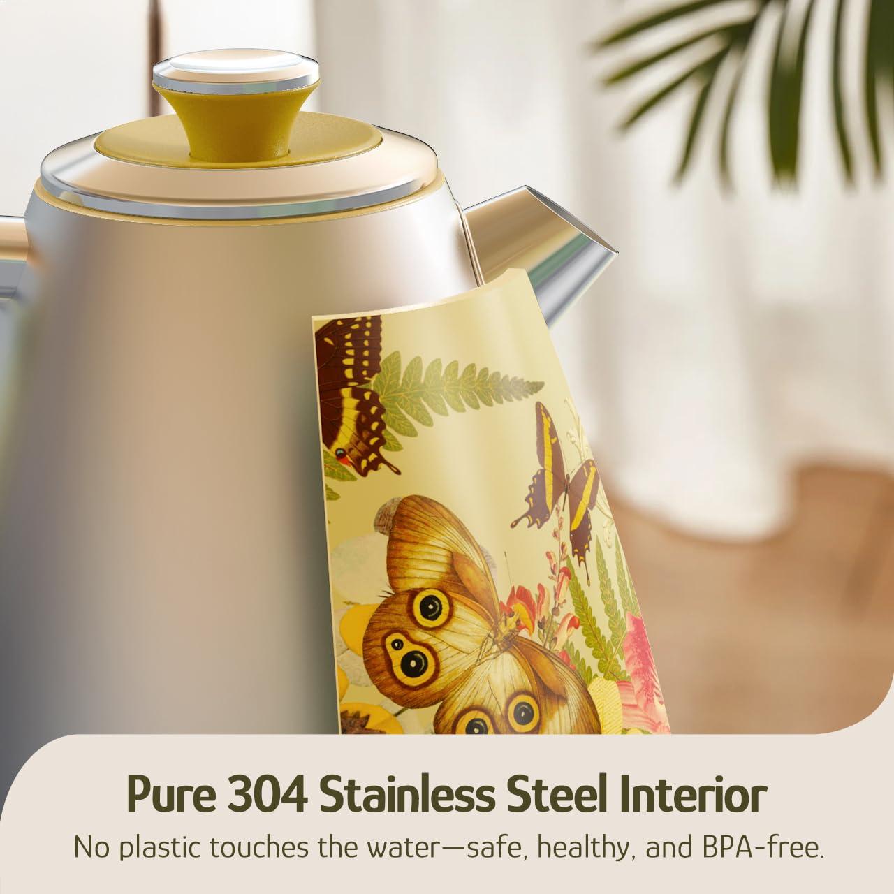 Hazel Quinn Retro Electric Kettle - 1.7L, 1200W Fast Boiling, All Stainless Steel Interior, Cordless, BPA-Free, Auto Shut-Off, Thermometer for Tea & Coffee - Floral Design by Artist Eduardo Recife - Image 8