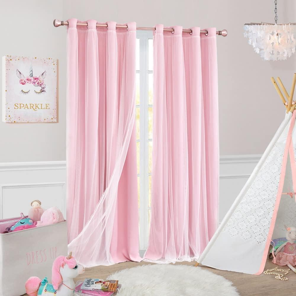 SOFJAGETQ Double Layered Blackout Pink Curtains 2 Panels - Princess Draperies for Girl's Bedroom Living Room Nursery Pink Lace Hem Room Darkening Curtains, 52x84 inches - Image 4