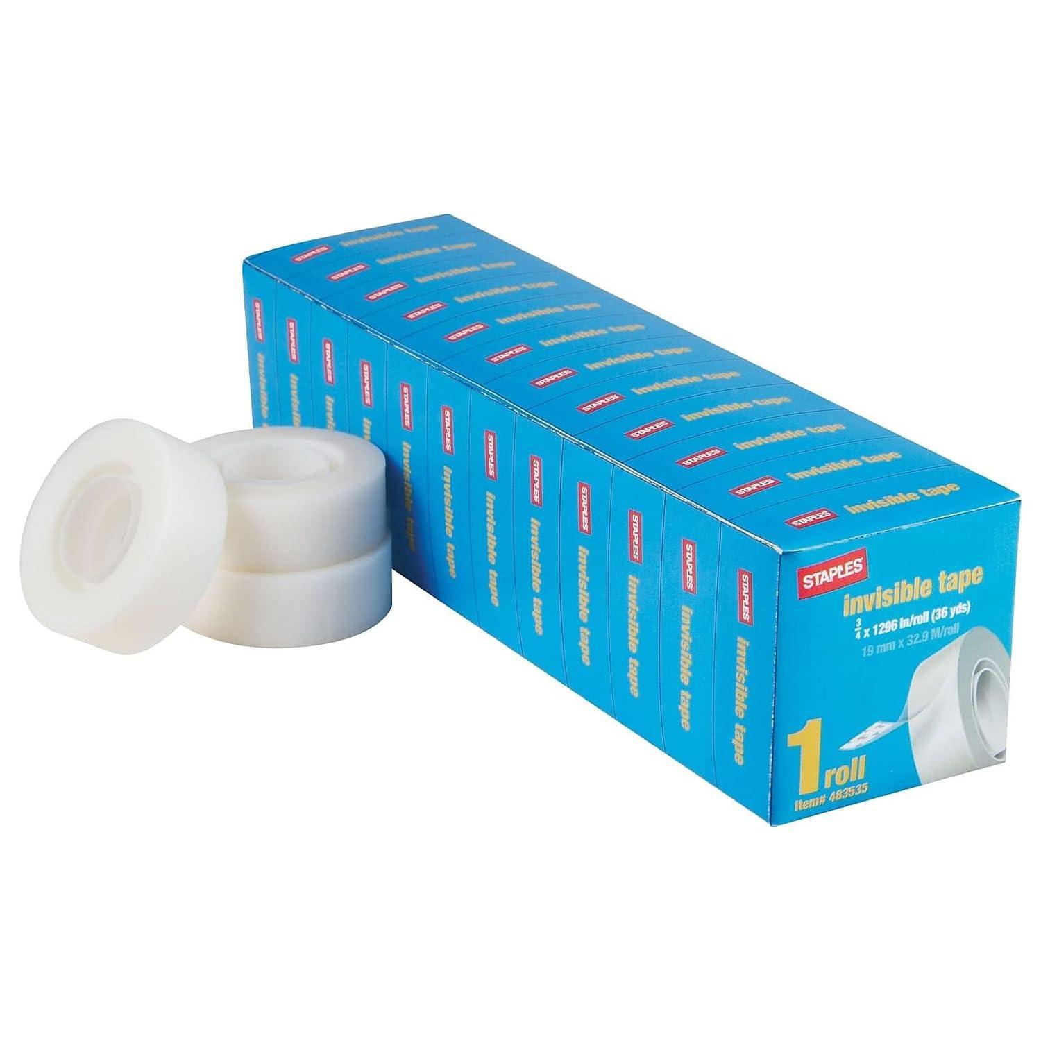 Staples Invisible Clear Tape: Easy to Stick, Strong Adhesive, Durable, 36 Yards in Length, 0.75 Inch Width, 1" Core Diameter, 12 Rolls per Pack.