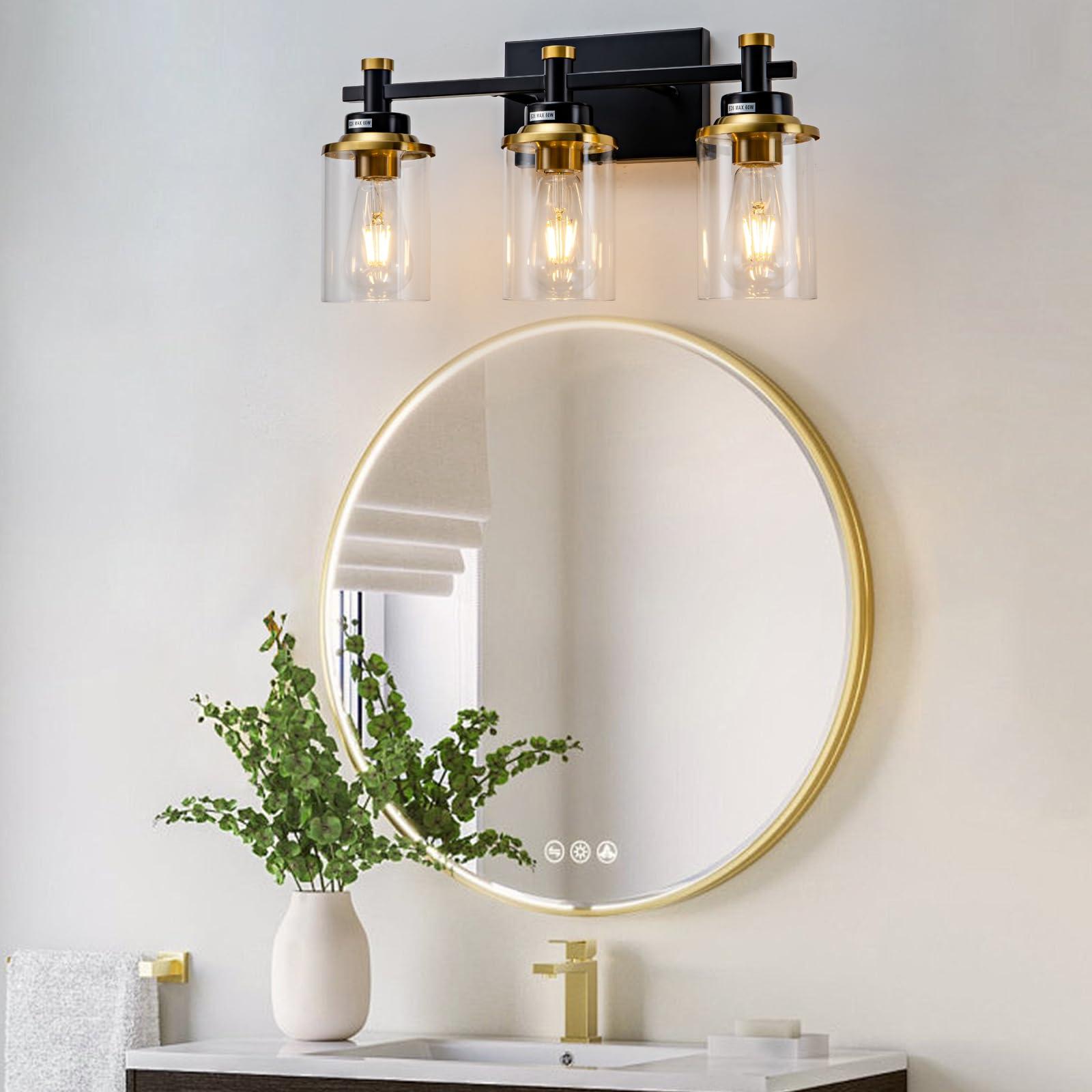 Aixialin 3 Light Bathroom Light Fixtures, Black and Brushed Gold Vanity Light Fixture Over Mirror, Modern Wall Sconces Lighting Wall Lamp for Bathroom, Bedroom, Hallway with Clear Glass Shade - Image 2