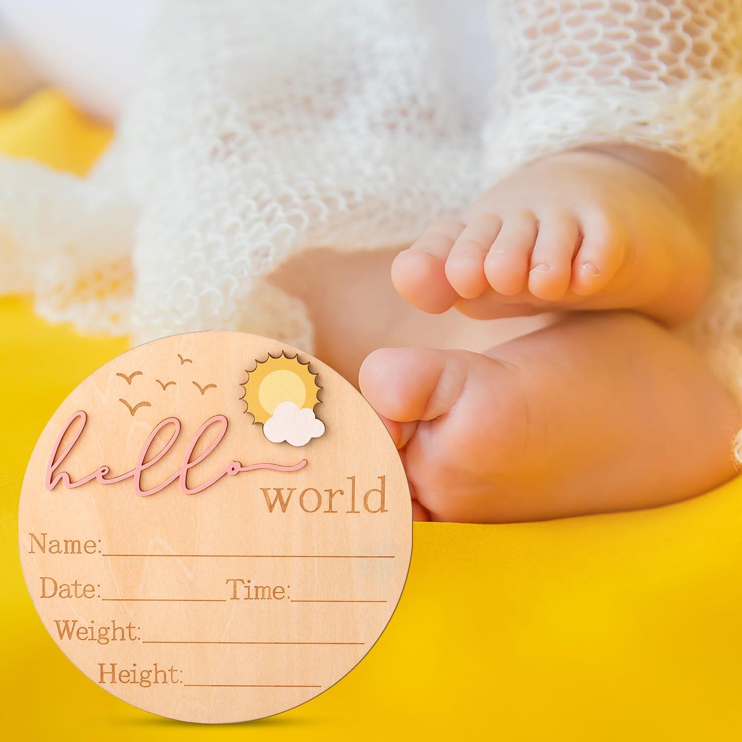 Baby Announcement Sign, 5.83 Inch Wooden Hello World Newborn Sign Cute Welcome Birth Name Plaques Board for Girl Boy Baby Shower Hospital Nursery Photo Prop (Pink) - Image 6