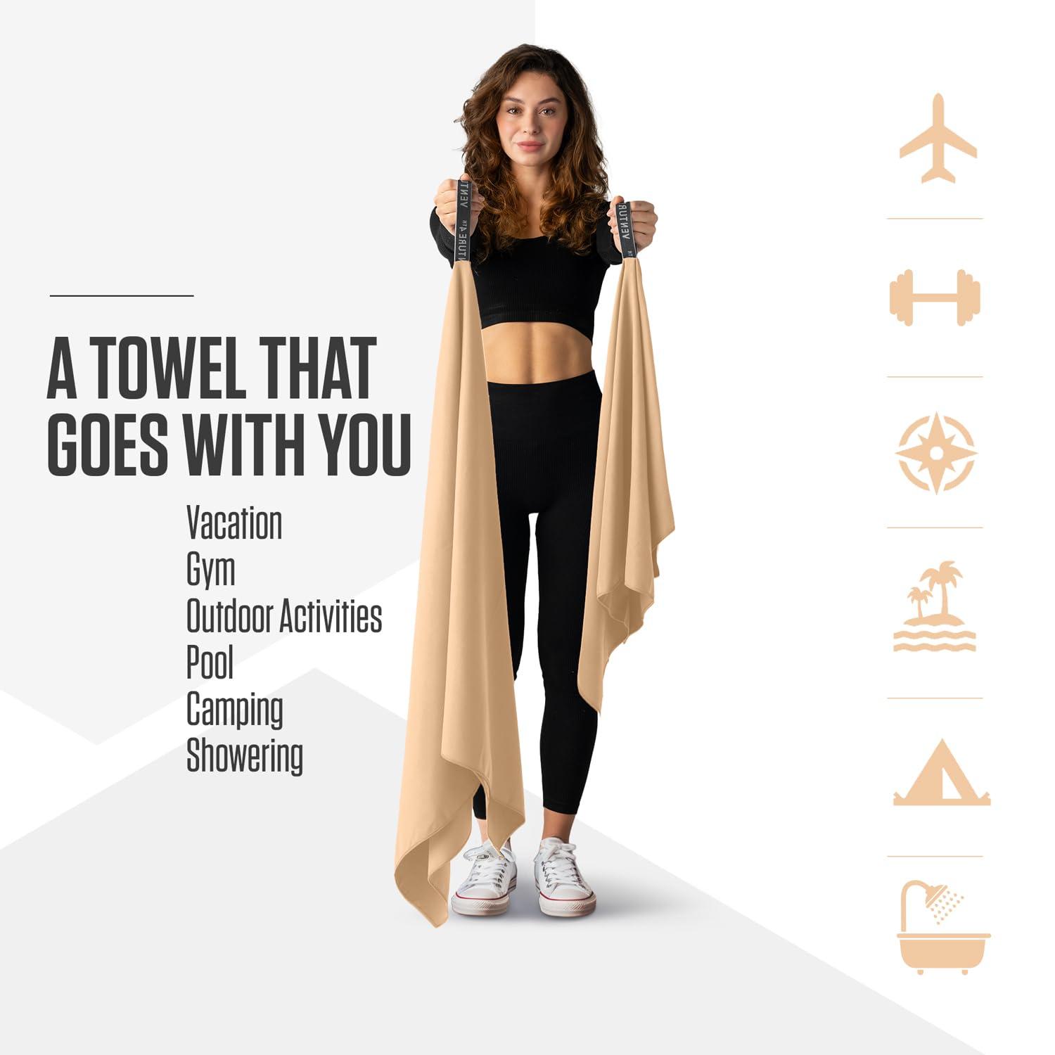 VENTURE 4TH Quick Dry Towel. Microfiber Travel Towel Ideal for Camping, Hiking, Backpacking, Gym. Lightweight & Fast Drying Travel Towels for Body. Compact & Easy to Pack - Beige Large - Image 3