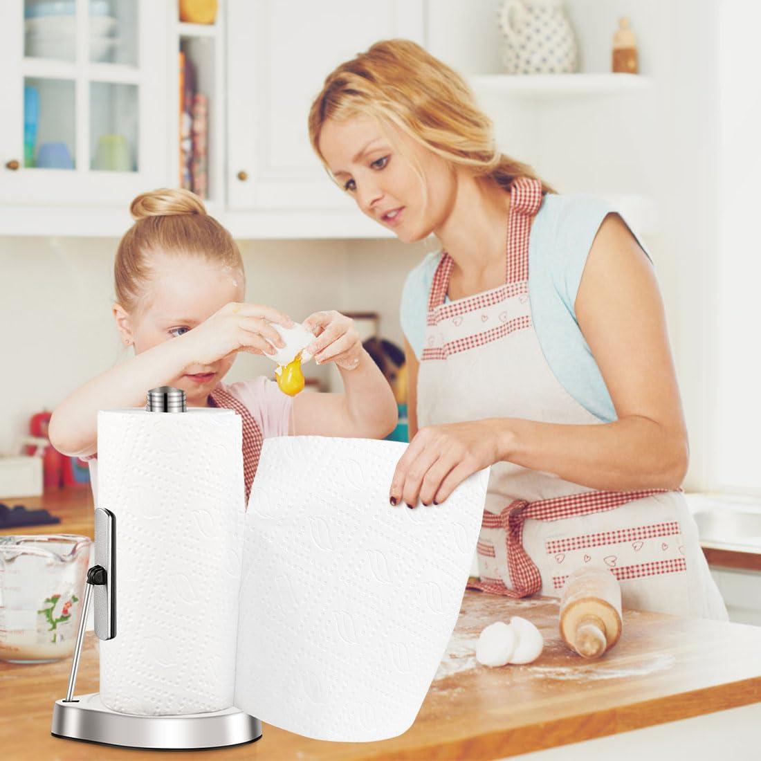 AIDEA Paper Towel Holder Countertop, One-Handed Operation Paper Towel Holder Stand for Kitchen and Bathroom, Spring Arm for Easy Tear, Stainless Steel Paper Towel Dispenser with Weighted Base, Silver - Image 2