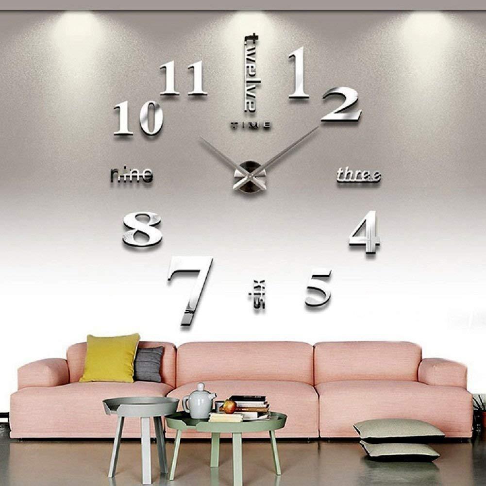 CoZroom Large DIY 3D Frameless Silver Wall Clock – Oversized Modern Decor for Living Room, Stylish Metallic Design, Perfect for Home and Office