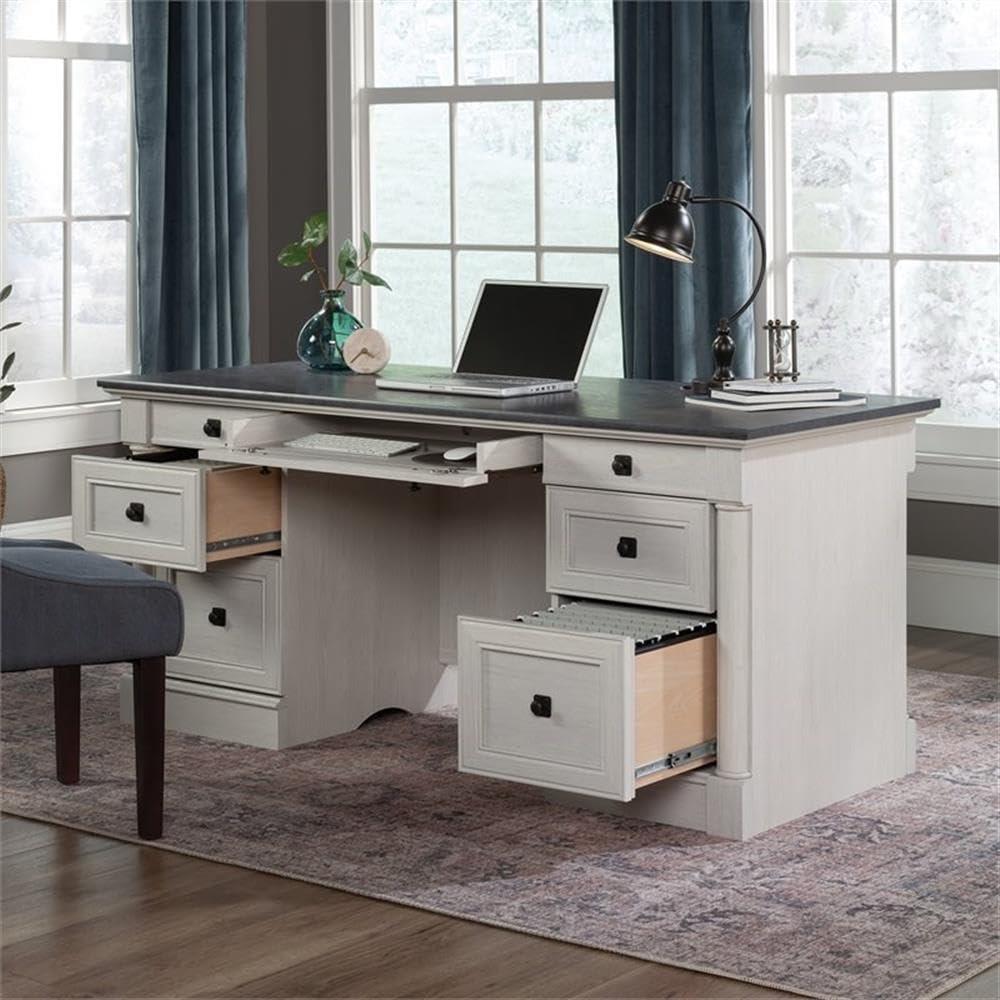 Sauder Palladia Office Desk with Drawers, Executive Desk with File Cabinet Storage, Cable Management, Keyboard Tray, in Glacier Oak Finish - Image 6