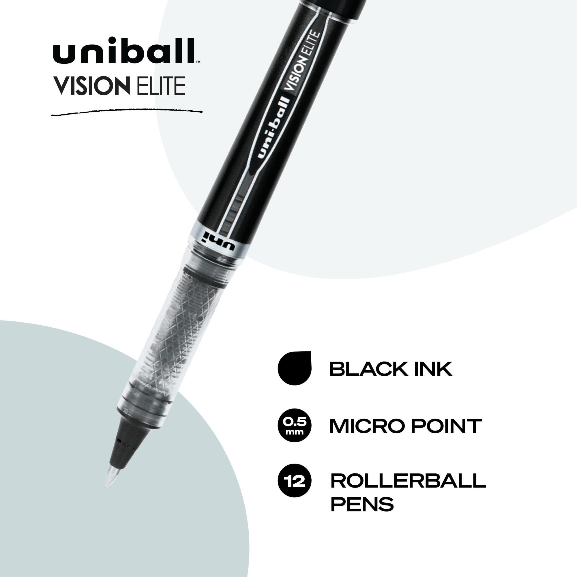 uni-ball Vision Elite Rollerball Pens Fine Point Micro Tip, 0.5mm, Black, 12 Pack - Image 2