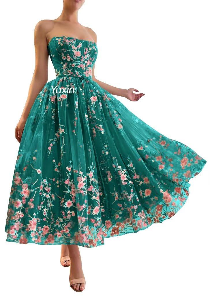 Yuxin Puffy Sleeve Flower Prom Dresses for Women 2025 Long Embroidered Tulle Lace Formal Evening Party Gowns with Pocket 869 - Image 1