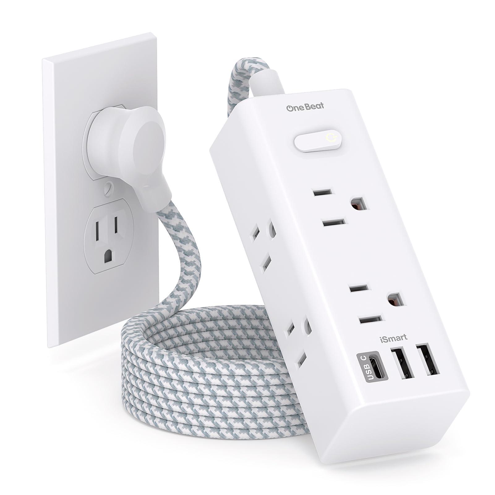 Power Strip Surge Protector - One Beat 6 Widely Outlets with 3 USB Ports (1 USB C), 5 Ft Extension Cord Flat Plug, Wall Mount Outlet Extender Small Power Strip for Travel Home Office College Dorm Room