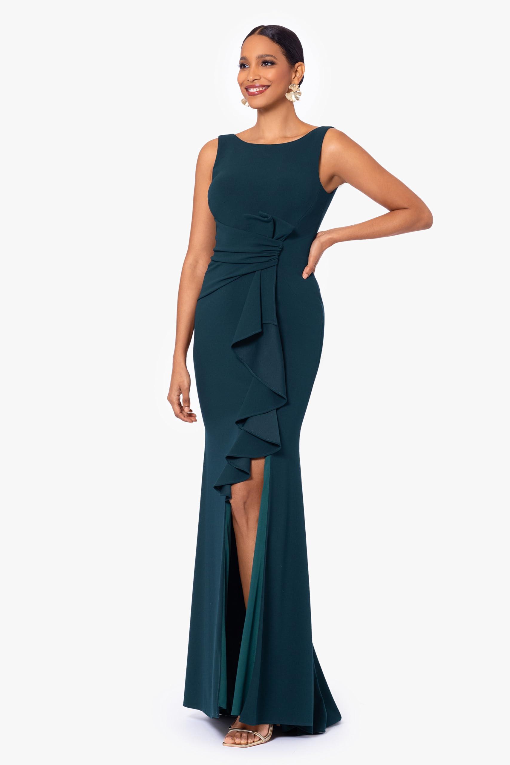 Betsy & Adam Women's Long Sleeveless Boat Neck Ruffle Side Slit Scuba Crepe Gown - Image 2