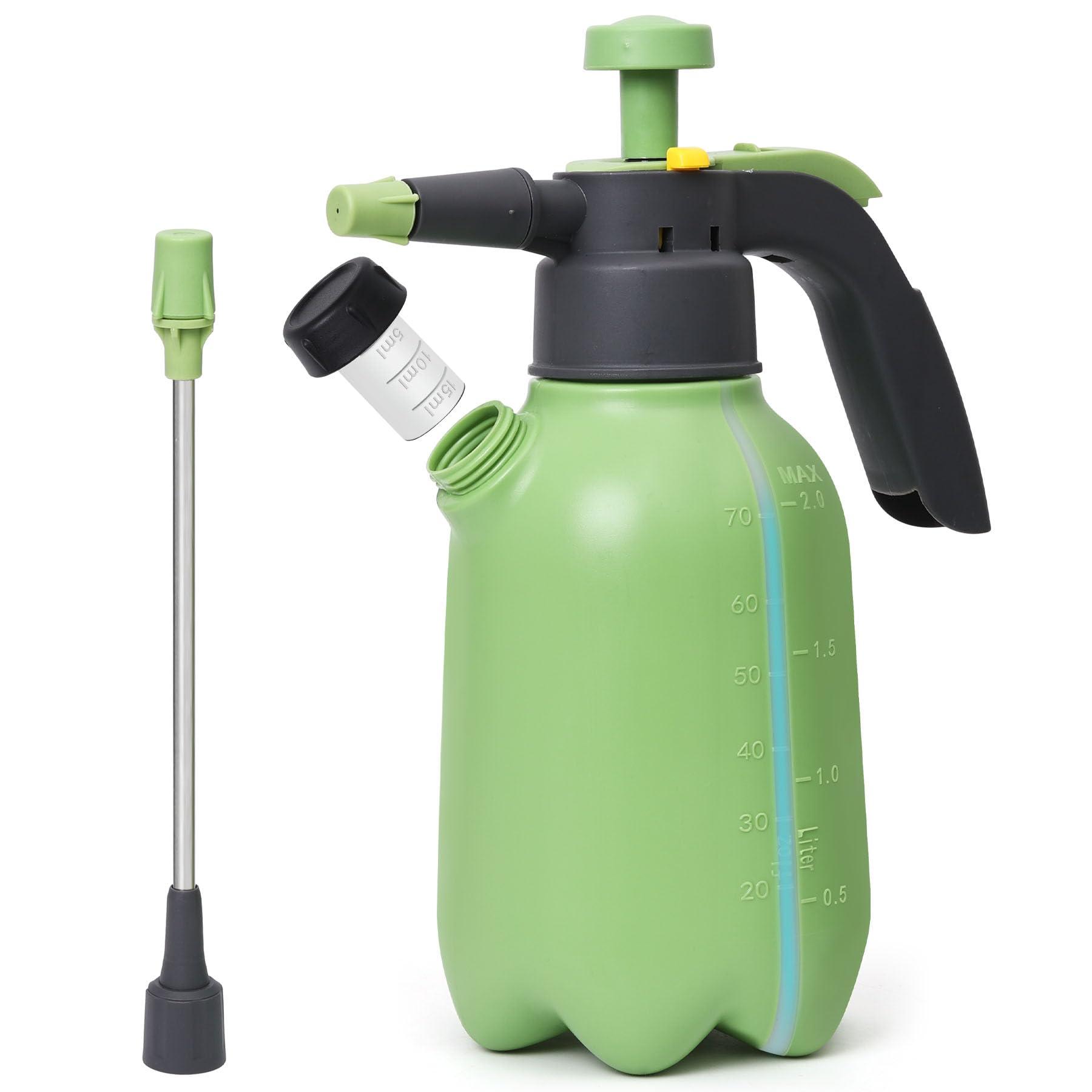 Hand Pump Sprayer 1/2 Gallon, Garden Pump Spray Bottle for Plants, Pressure Sprayer Bottle in Lawn and Garden Yard, Weed Chemical Sprayer with 2 Nozzle & Safety Pressure Relief Valve (2L/0.5Gal)