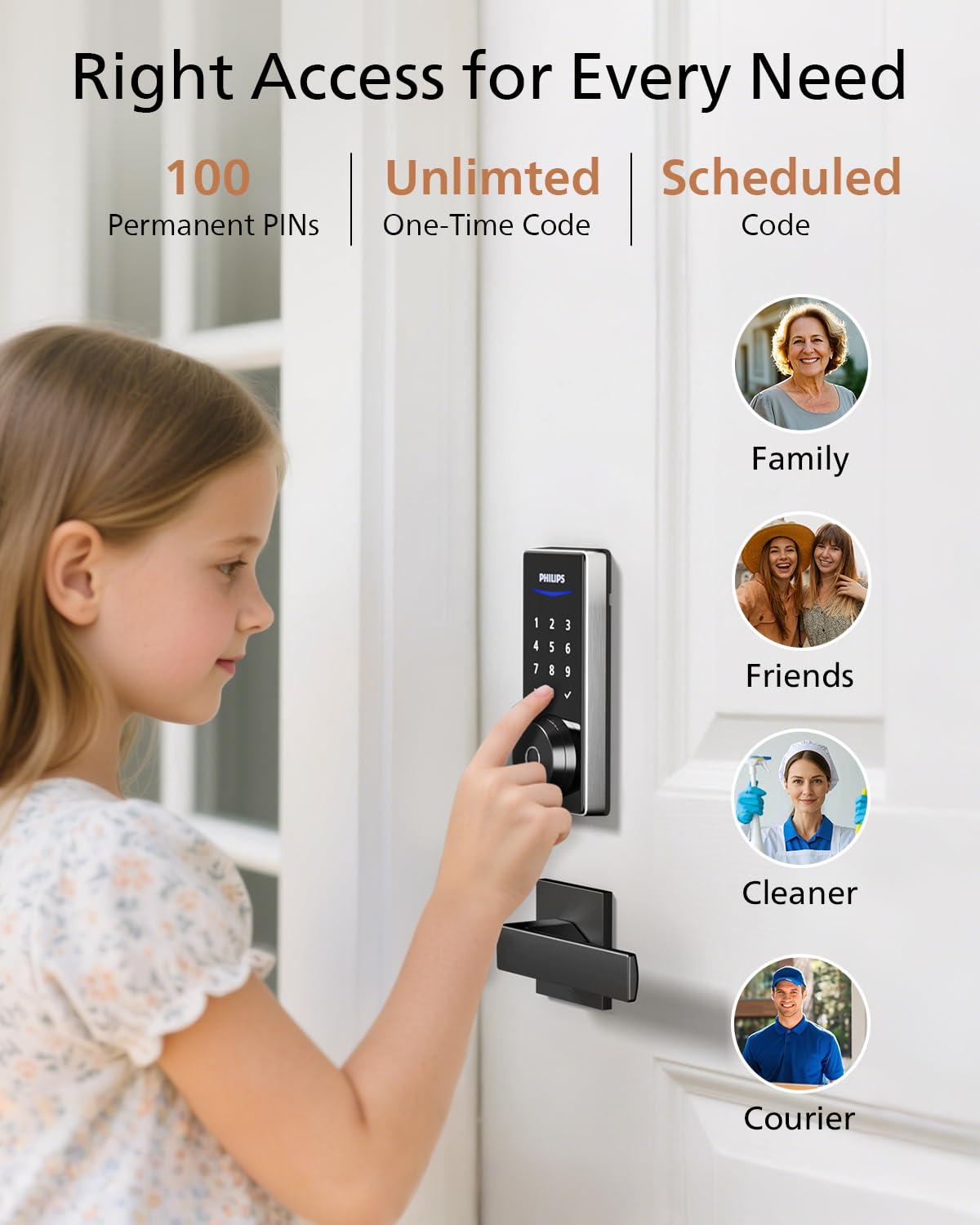Philips Fingerprint Keyless Entry Door Lock with App Control, Front Door Smart Lock Deadbolt, 9Months Battery, IP53 Waterproof, BHMA Grade 3-Satin Nickel - Image 5