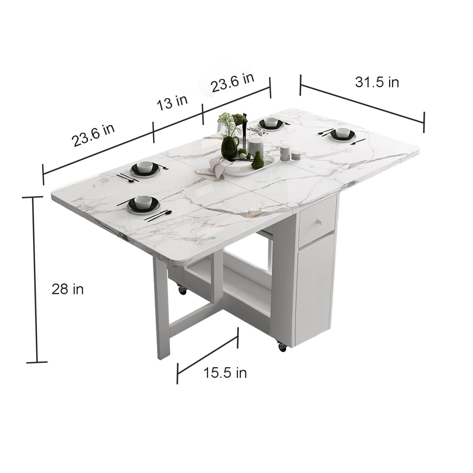 FUNROLUX Folding Dining Table with Rack and 2 Storage Drawers, Movable Extendable Space Saving Kitchen Table in 3 Forms (White) - Image 3