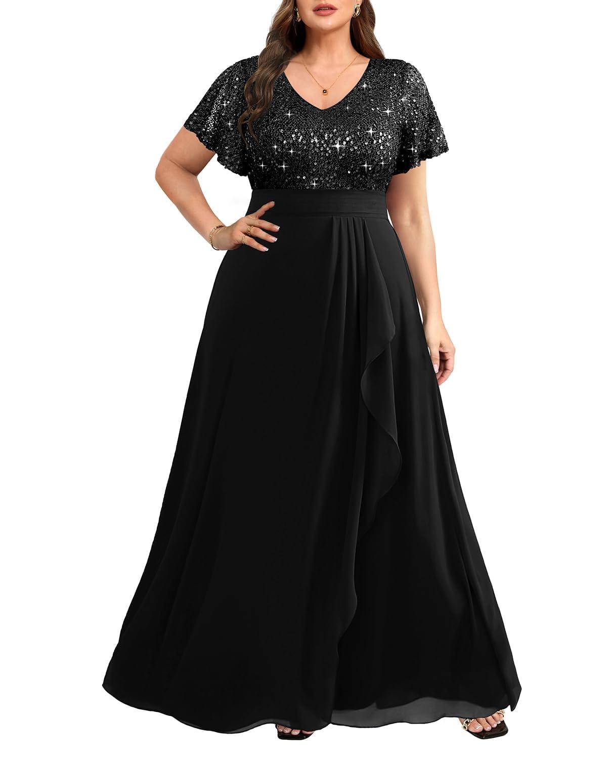 Pinup Fashion Women Plus Size Formal Dresses - Sequin Evening Gowns Wedding Guest Prom Long Dress