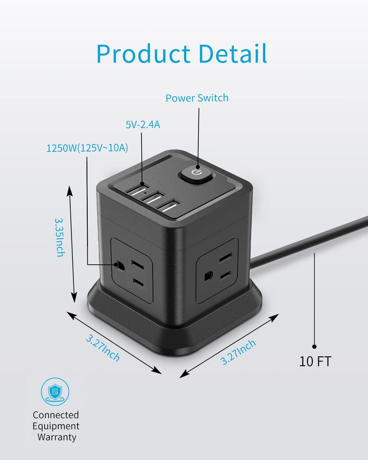 Power Strip with USB C, FDTEK Flat Plug Extension Cord with 4 Outlets and 3 USB Ports 10 FT Desk Power Strip Cube Overload Protection Compact Portable for Travel Home Office Cruise Ship - Black - Image 7