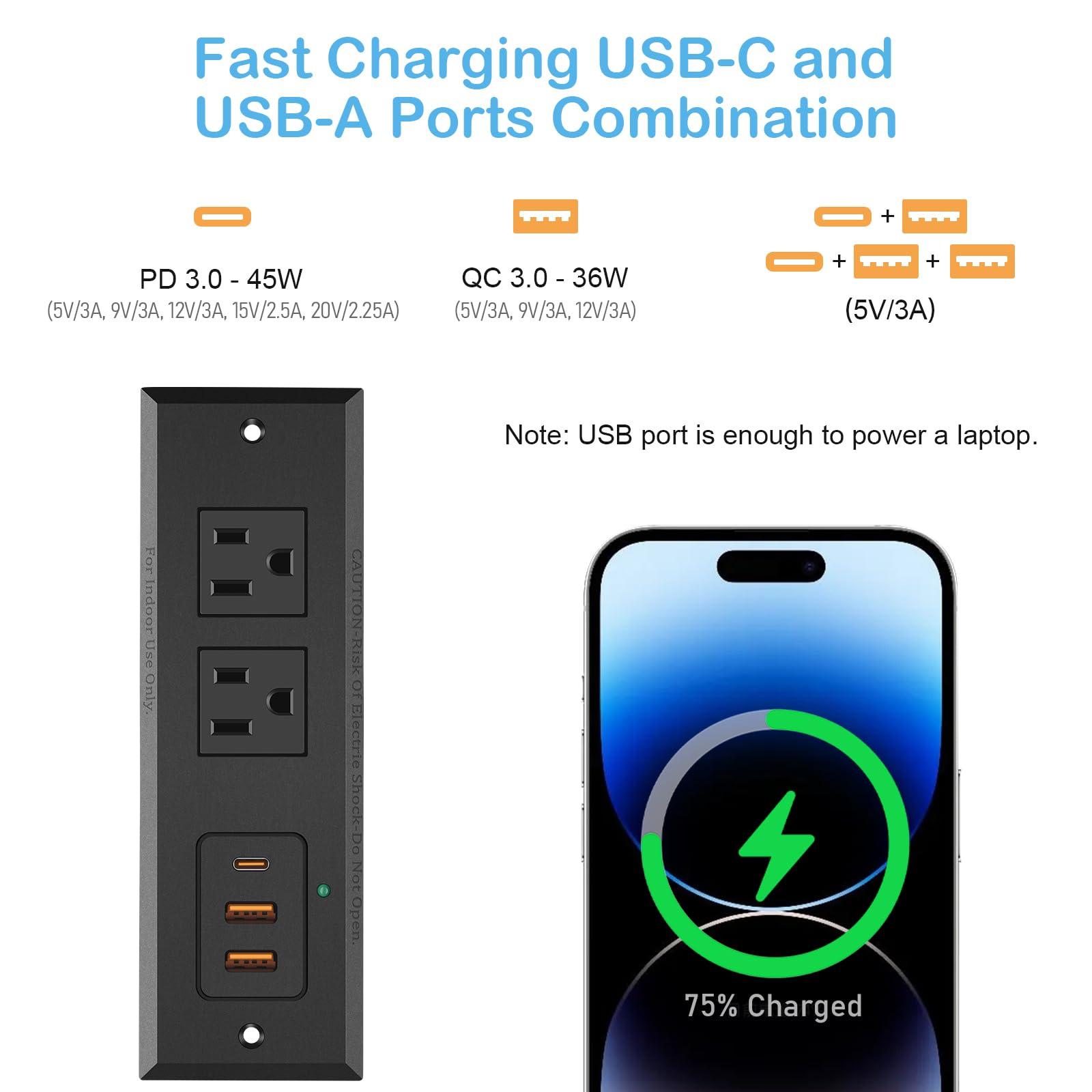 CCCEI Recessed Power Strip with 45 W USB C Port, Fast Charging USB A Port Desk Outlet, Furniture Hidden Charging Station for Side Table, End Table, with 3FT 45 Degree Flat Plug Extension Cord. - Image 2
