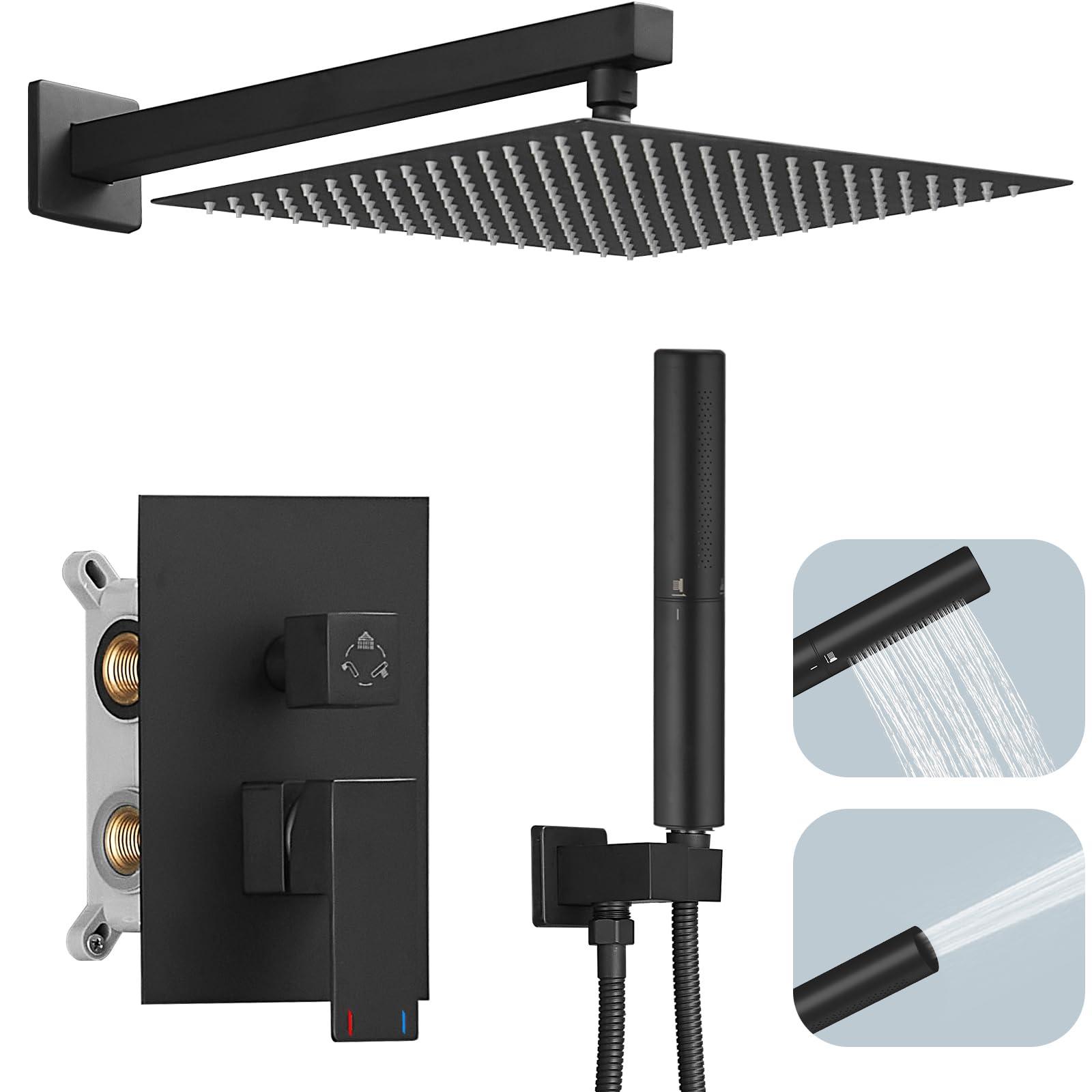 Hoimpro 12 Inch Shower Head System Set Bathroom Rain Mixer Shower Head 2 In 1 Handheld Sprayer Wall Mounted, Square Rainfall Shower Faucet Fixture Combo Valve Kits Brass Showerhead, Matte Black