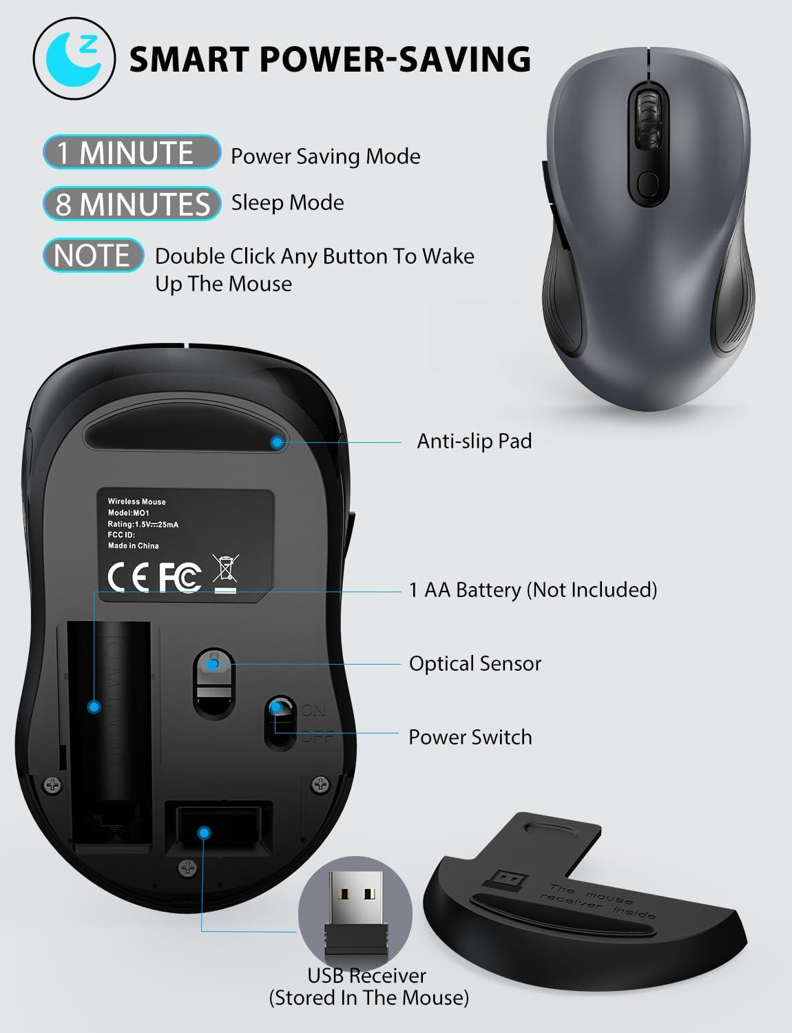Trueque Wireless Mouse for Laptop, 2.4GHz Ergonomic Computer Mouse with Back & Forward Buttons, 3 Adjustable DPI Levels, 6 Buttons, Optical USB Cordless Mice for Windows Chromebook MacBook PC (Gray) - Image 9