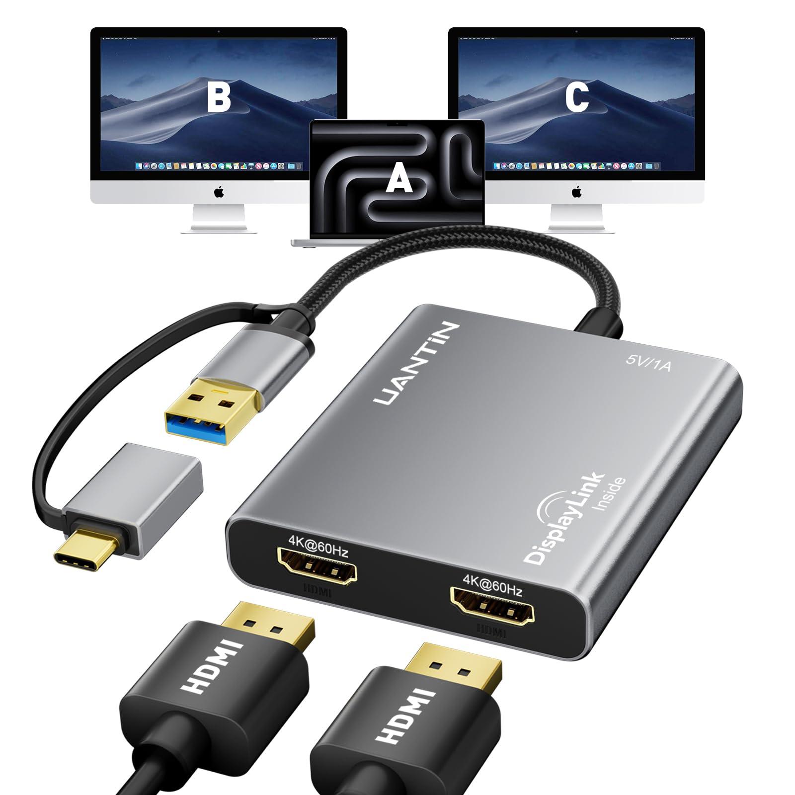 UANTIN USB C to HDMI Adapter for Mac M1/M2/M3, 4K@60Hz DisplayLink Dual Monitor, Extended Display Adapter for MacBook Air/Pro, Laptop, Driver Required