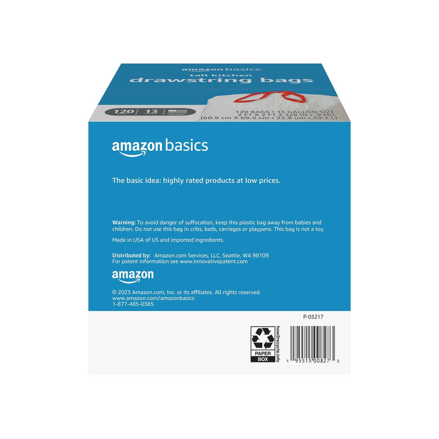 Amazon Basics Trash Bags, Tall Kitchen Drawstring, Unscented, 13 Gallon, 120 Count, Pack of 1 - Image 3