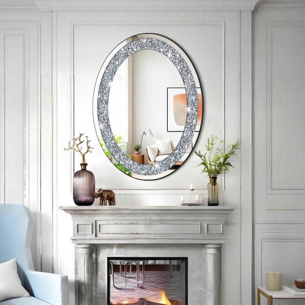 DMDFIRST Crystal Crushed Diamond Oval Shaped Silver Mirror Glam Bling for Wall Decoration 24x32x0.9inch Frameless Wall Hang Sparkly Glass Mirror Stunning Stylish Fashion Home Decor Decorative Mirror - Image 4