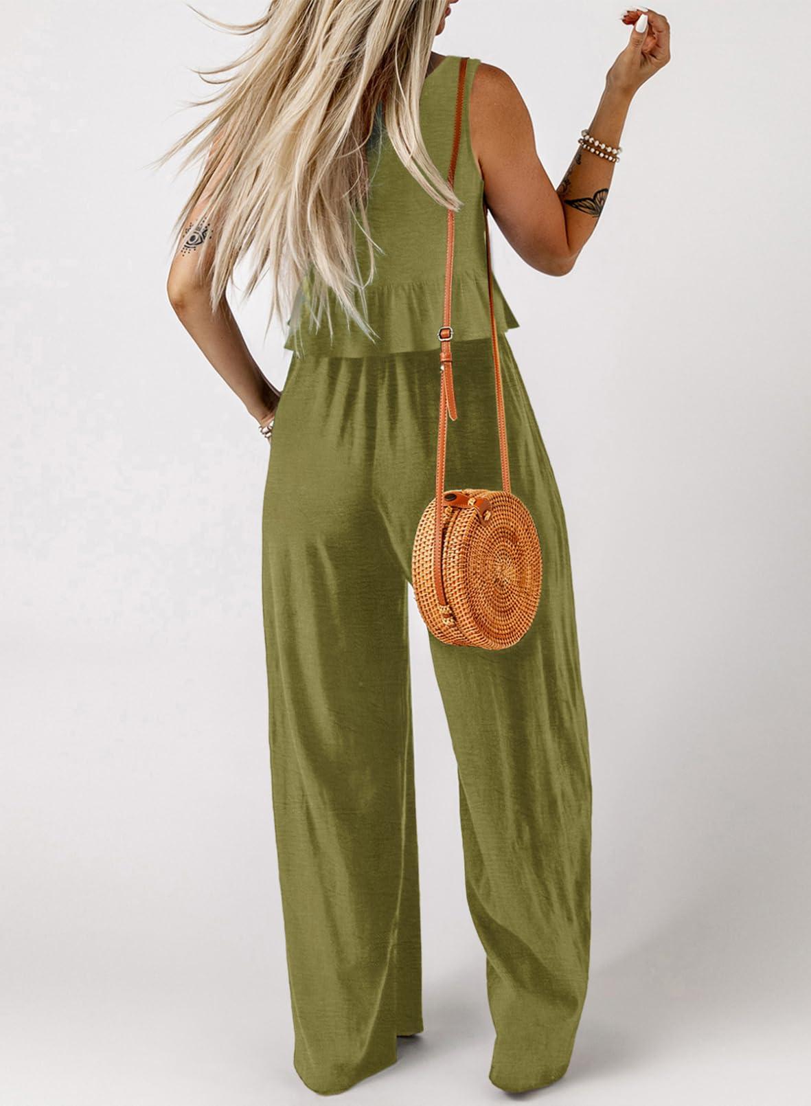 Dokotoo Pants Sets Women 2 Piece Outfits Sleeveless Round Neck Tank Tops Matching Sets for Women Elastic Waist Wide Leg - Image 3