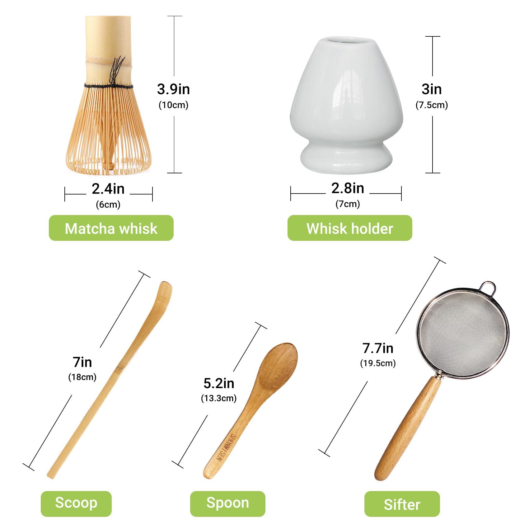 SHONMISEN Bamboo Matcha Whisk Set -Matcha Whisk (Chasen),Whisk Holder(White),Sifter,Tea Scoop and Tea Spoon - Image 2