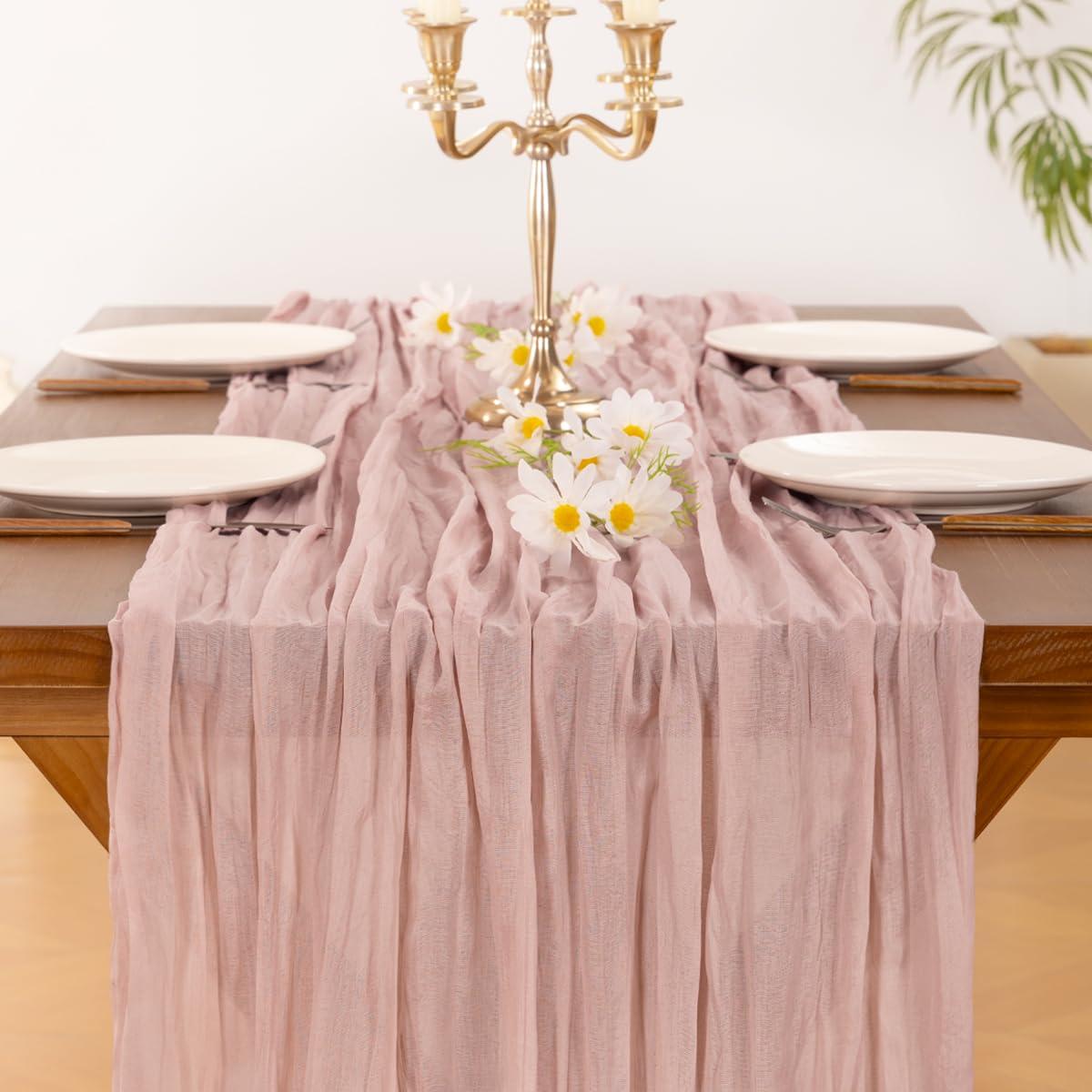 Socomi Pink Cheesecloth Table Runner Summer Boho Rustic Gauze Dusty Pink Farmhouse 120 inch 10FT Cheese Cloth Runner for Wedding Party Baby Shower Birthday Home Decor Holiday Decorations - Image 5