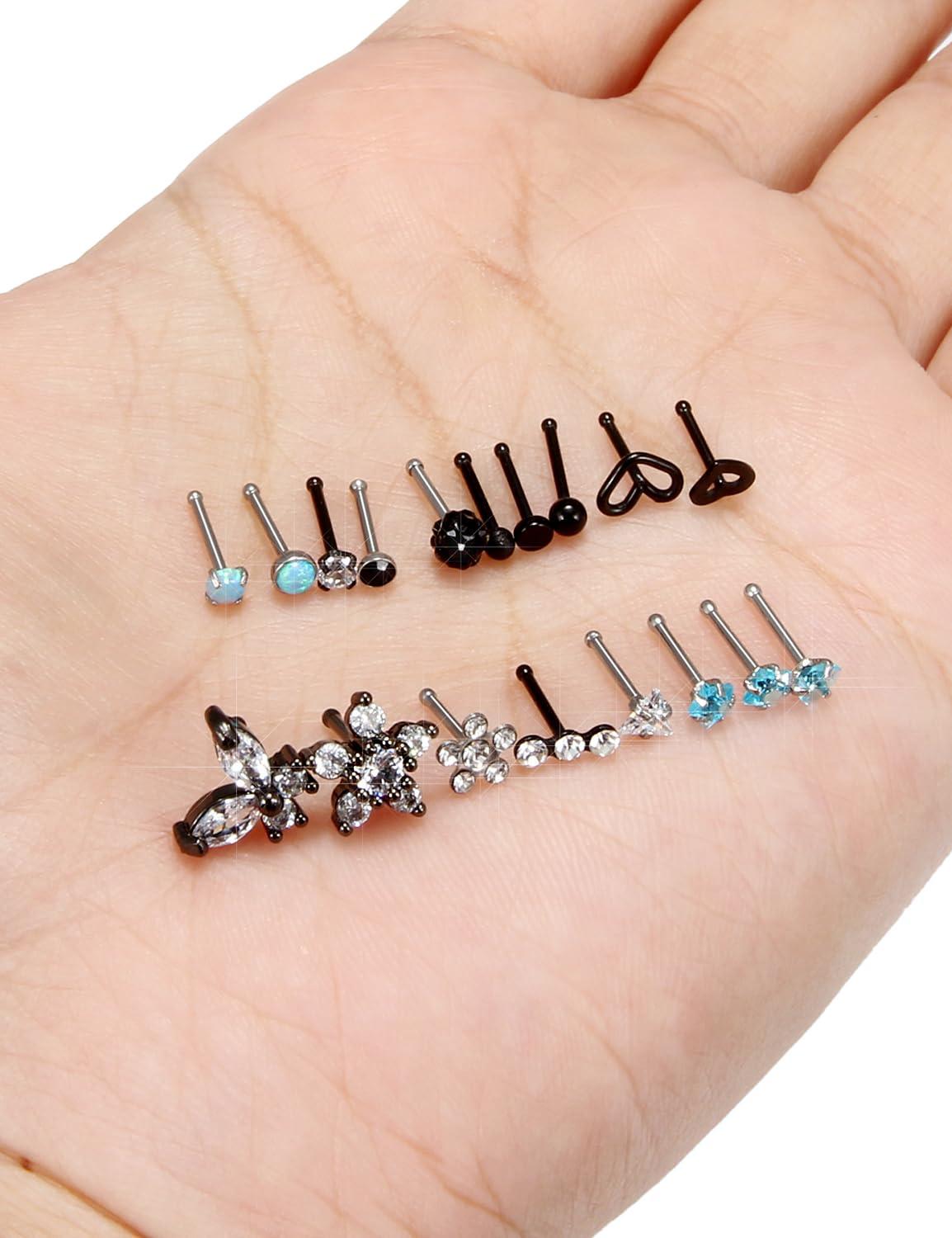 Gadeaila Surgical Steel Nose Ring 20G - Hypoallergenic Nose Studs With Cute Flat Opal Flower Diamond Heart - Straight L Shaped Purple, Pink, Black, Silver for Women Men Gift - Image 2