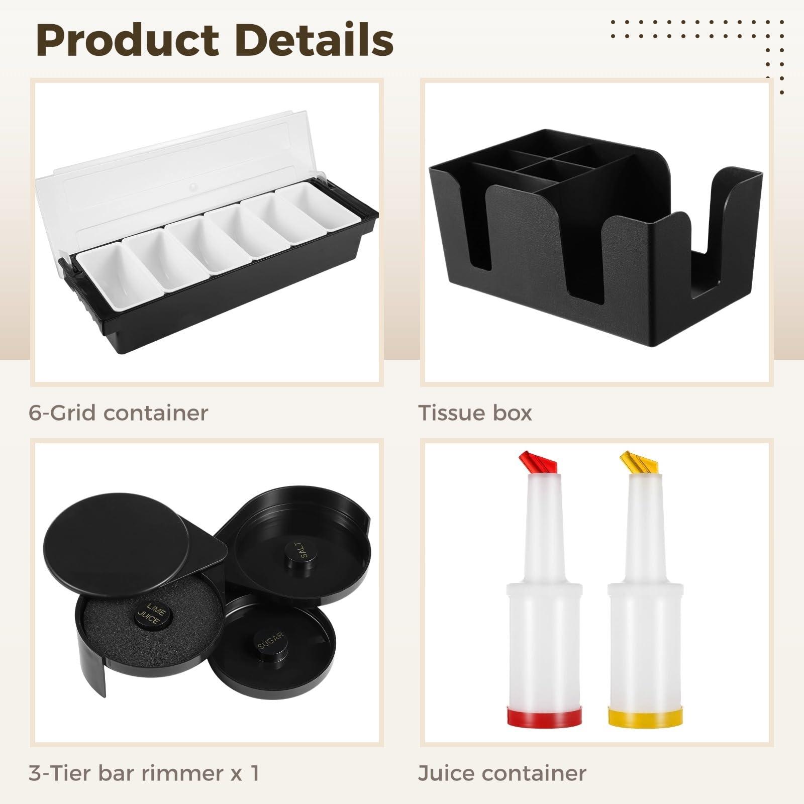 Bar Garnish Tray with Lid - 6-Grid Fruit Container, 3-Tier Bar Rimmers, 12 Stainless Steel Classic Bottle Pourers, 2 Plastic Juice Pour Bottles, 1000 Count Cocktail Stirrers, 3 Serving Tongs Set - Image 4