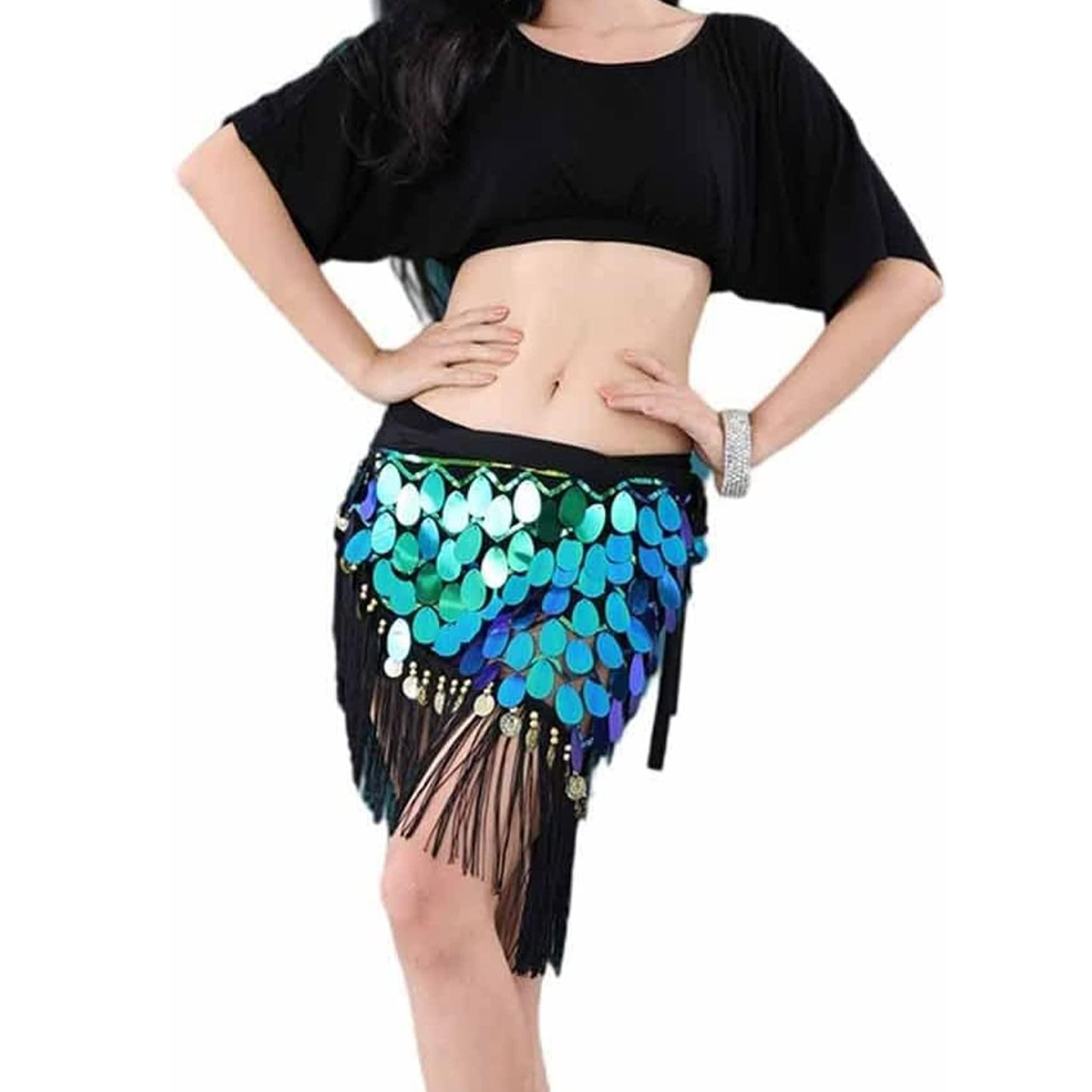 Wuchieal Belly Dance Fringe Hip Scarf Festival Bling Sequins Tassel Skirt Rave Shinny Glitter Skirts - Image 3
